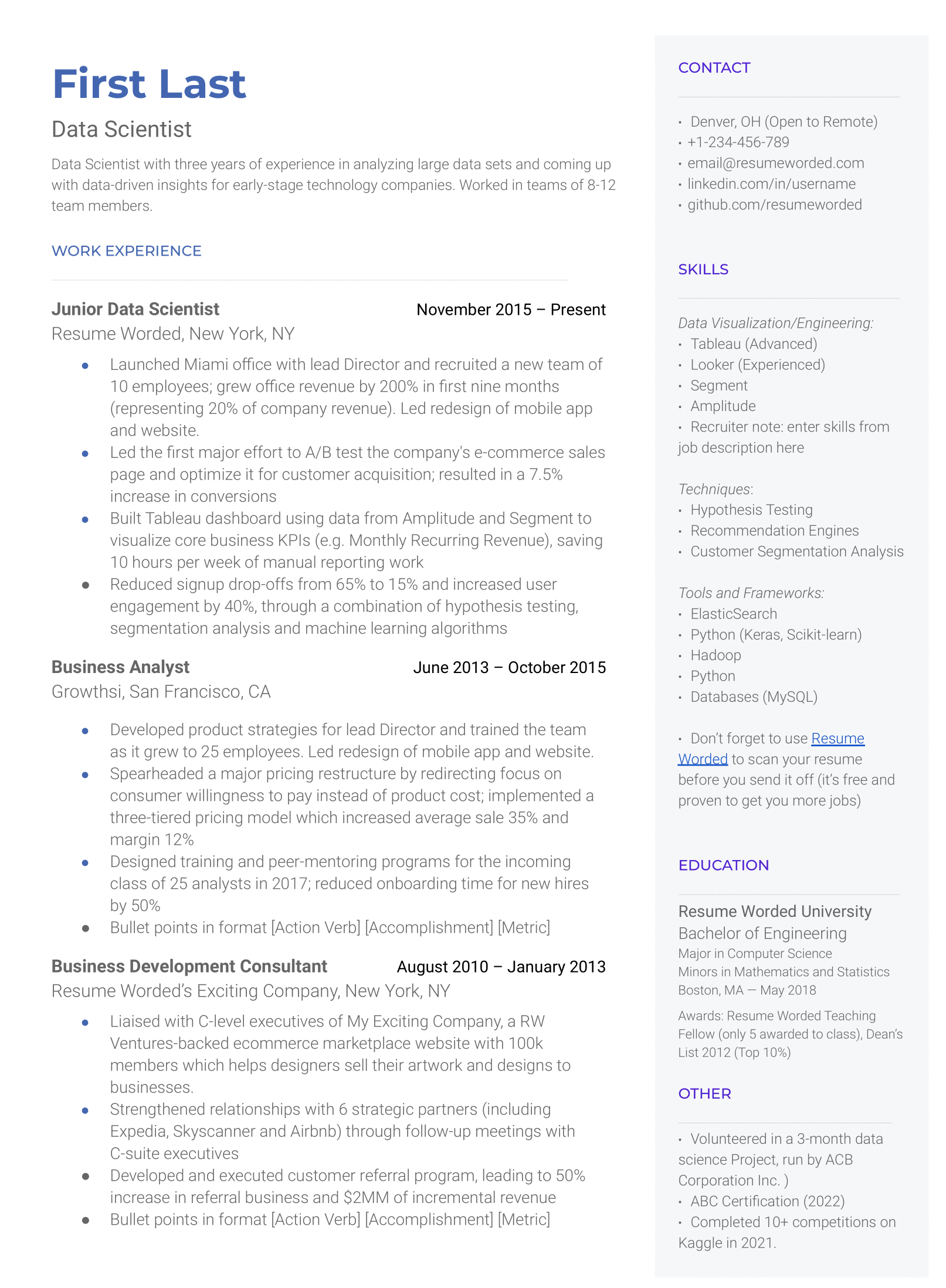 A CV for a Junior Data Scientist showcasing strong technical skills and experience.