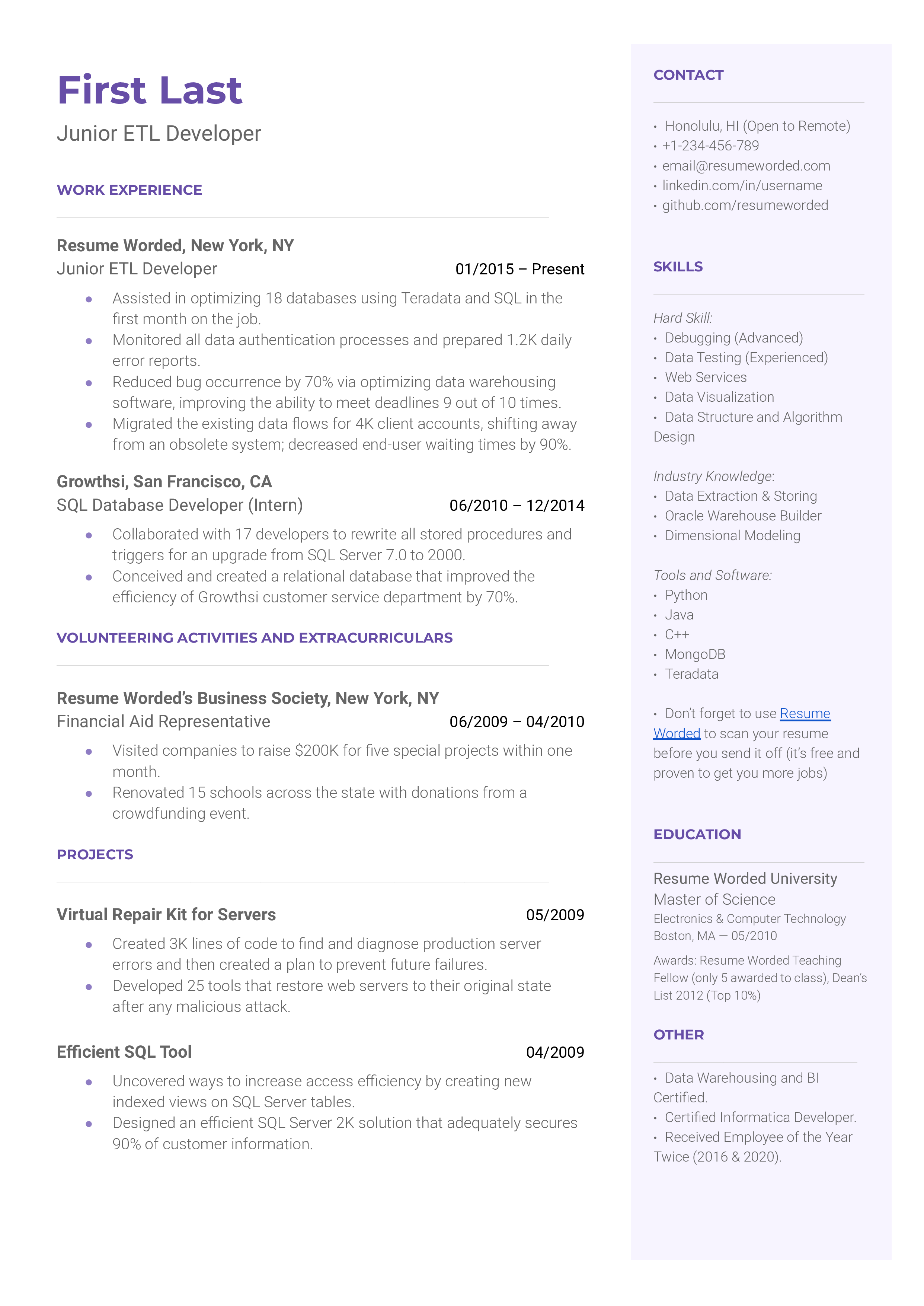 A Junior ETL developer resume template that uses strong action verbs 