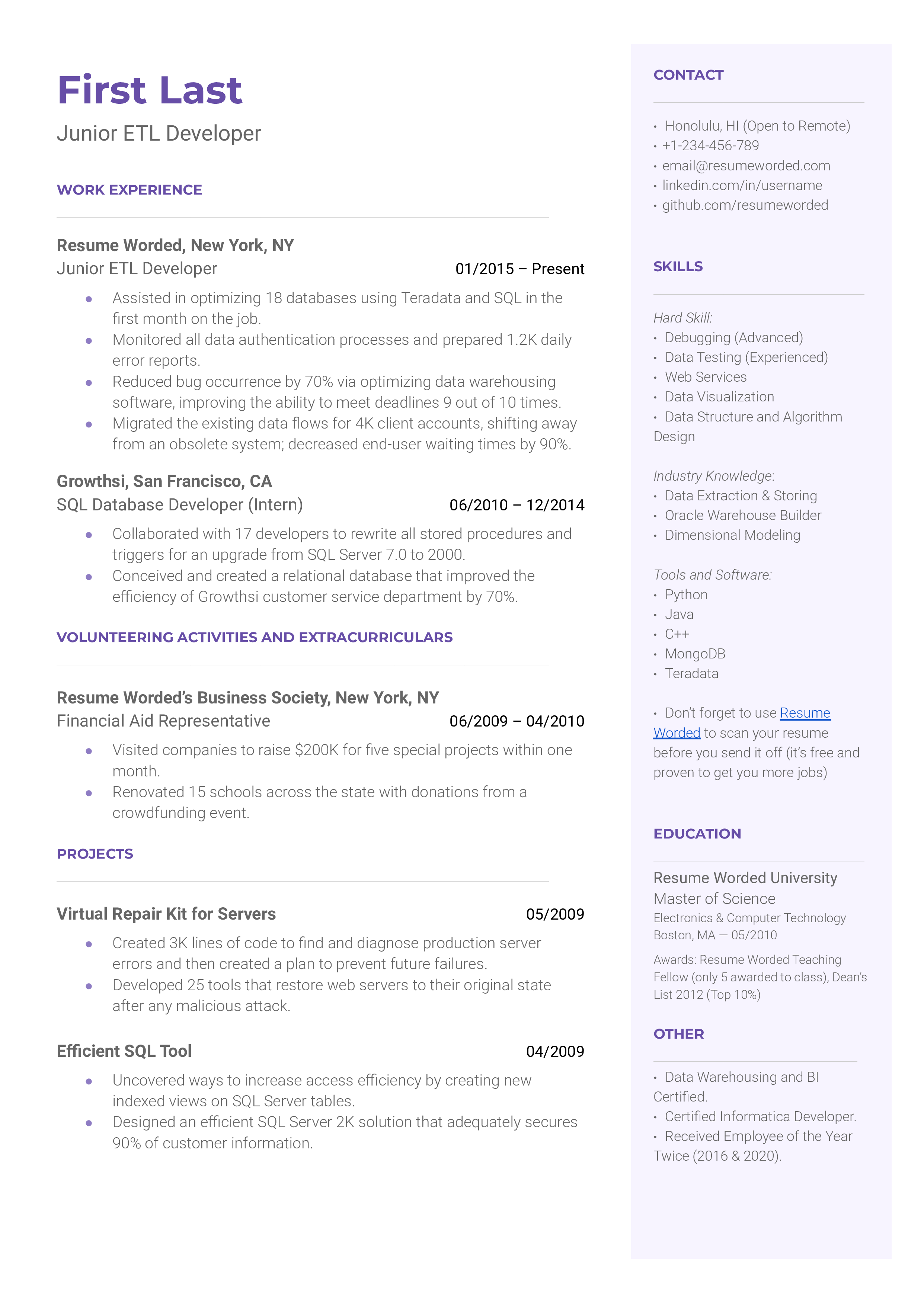 Junior ETL Developer Resume Sample