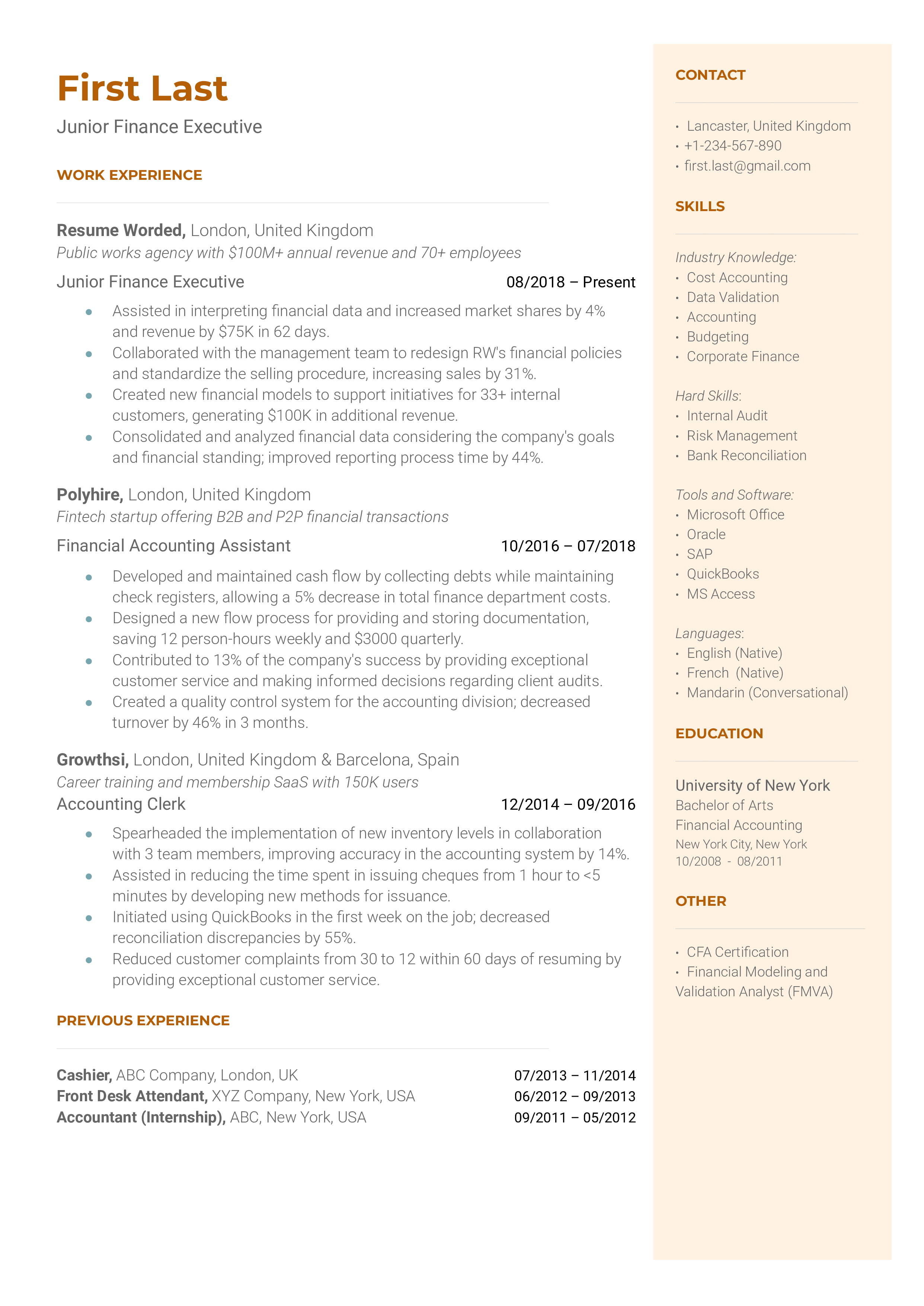 Junior finance executive resume sample that highlights the applicant’s related experience and relevant certifications.
