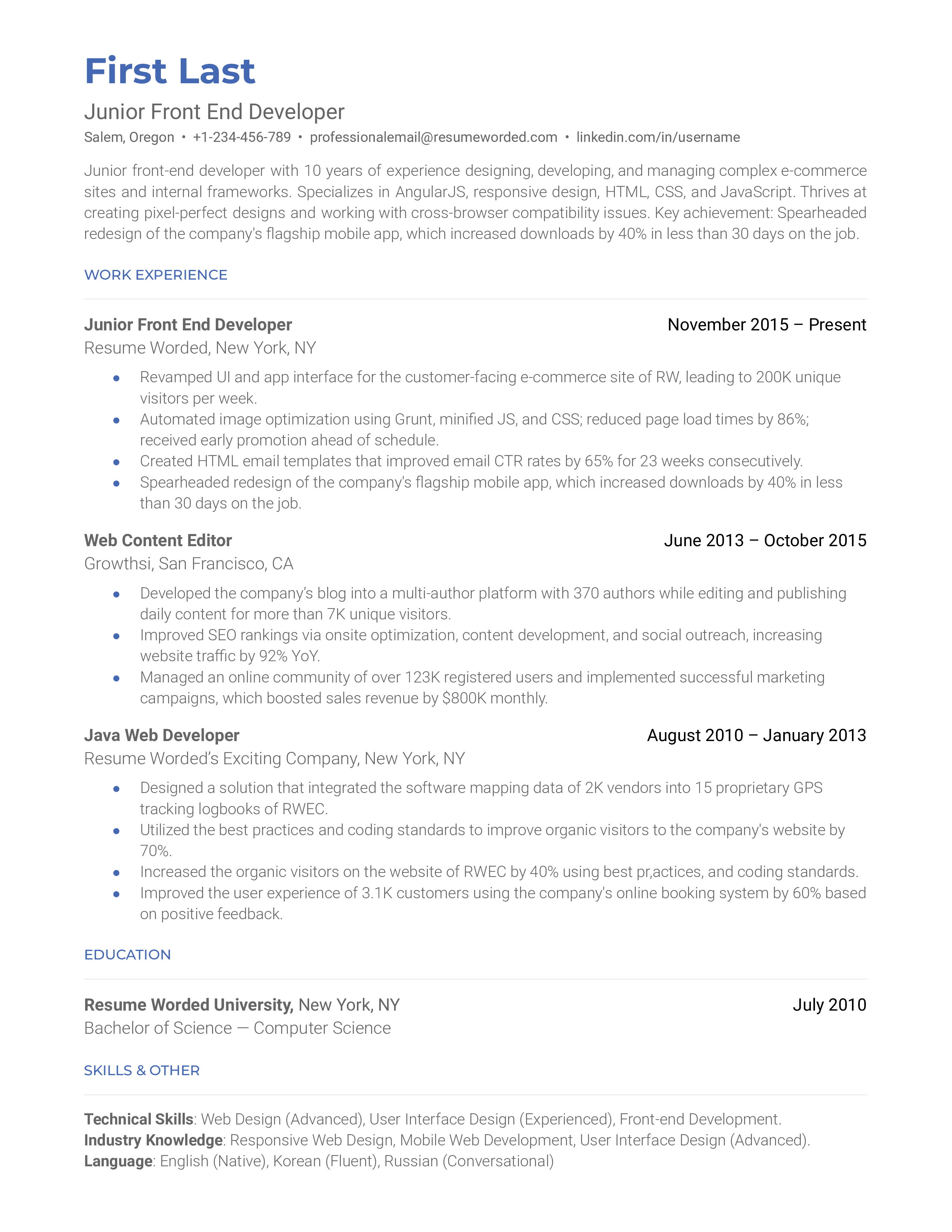 Junior Front End Developer Resume Example for 2023 Resume Worded