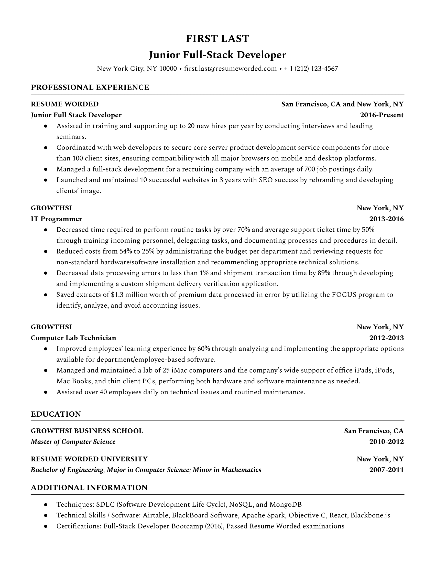 A junior full stack developer resume that highlights relevantIT experience, a related computer science education, and certifications.