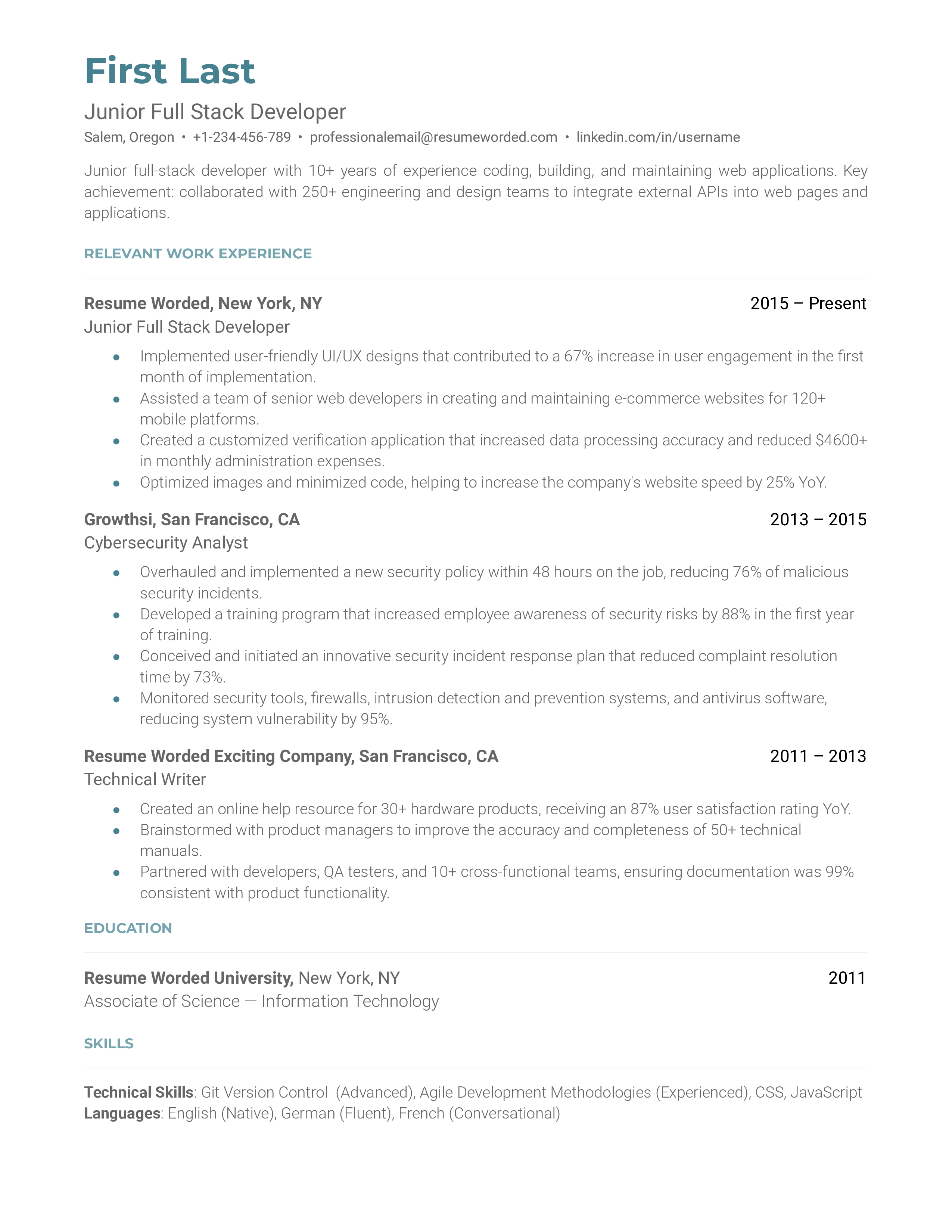 Junior Full Stack Developer resume showcasing project experience and diverse programming skills.