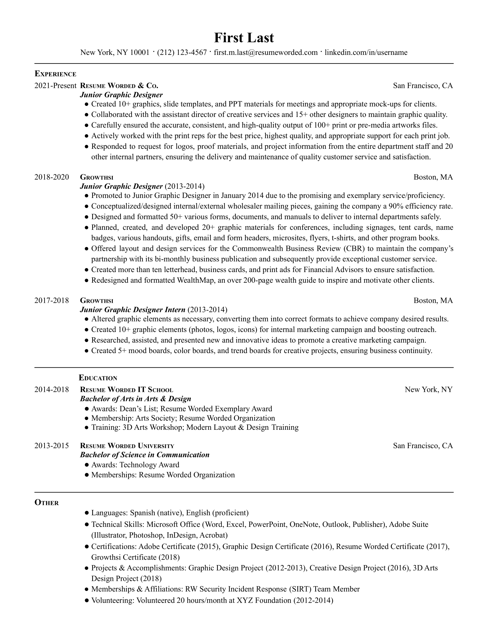 Junior graphic designer resume template example featuring relevant internships and university projects
