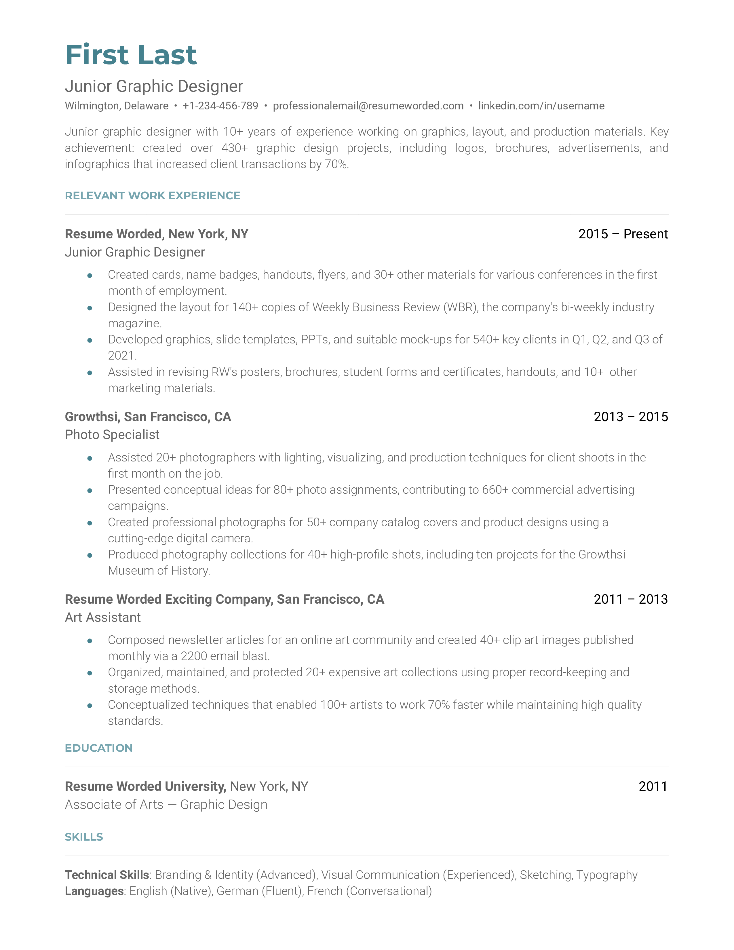 Junior Graphic Designer's CV featuring a summary of skills, education details, work experience, and a link to an online portfolio.