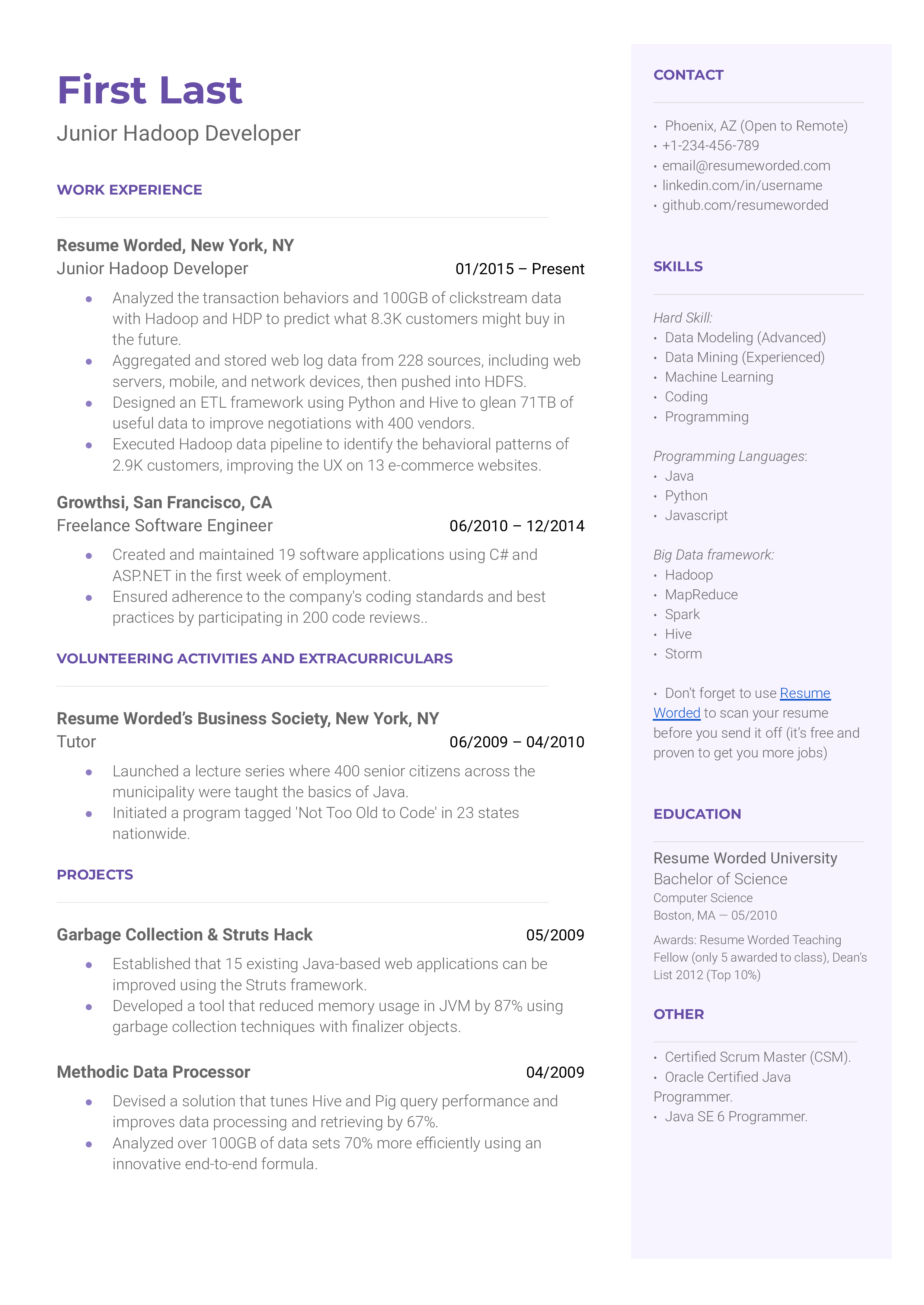 A well-structured CV for a Junior Hadoop Developer role.