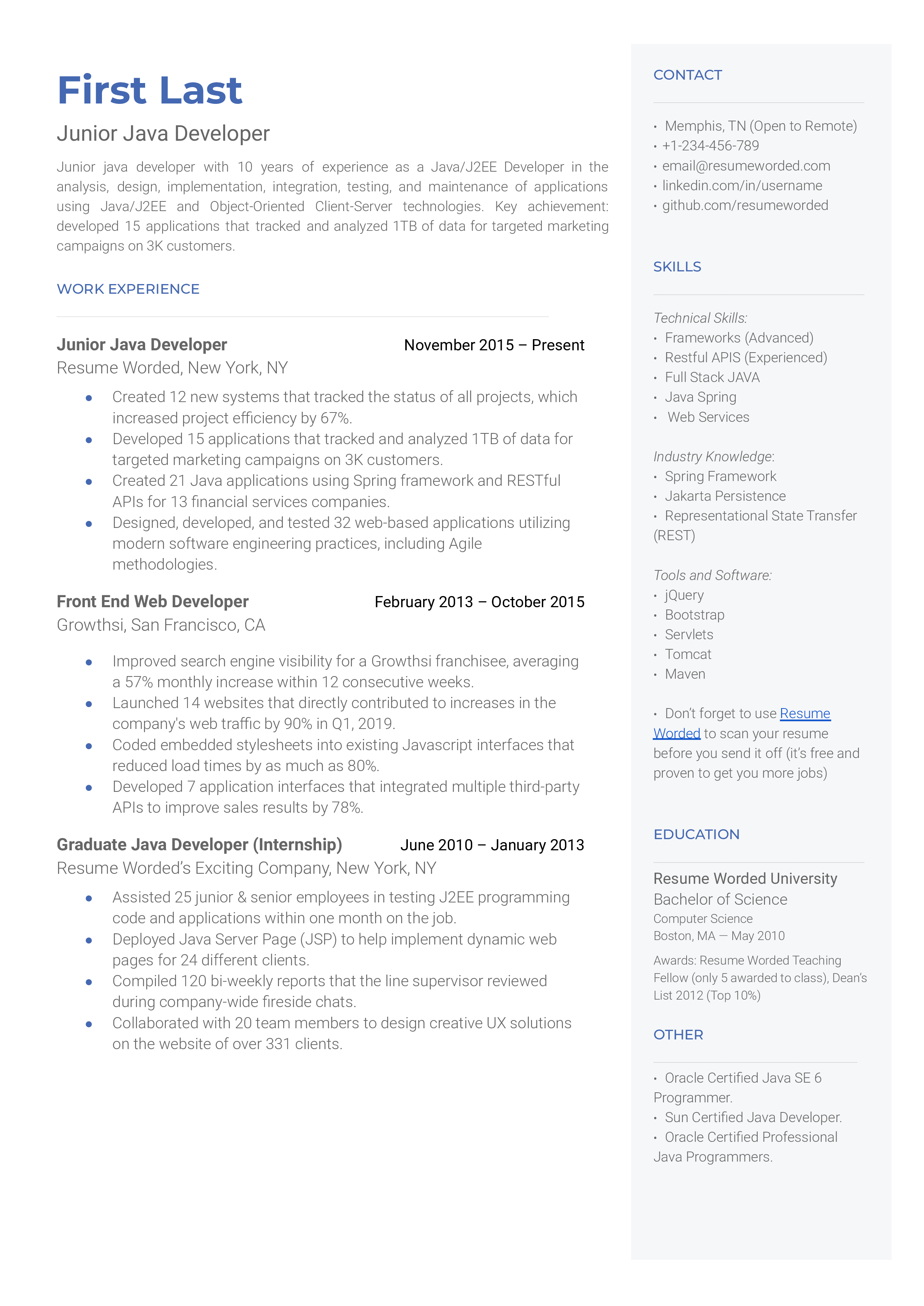 one page resume template for java developer