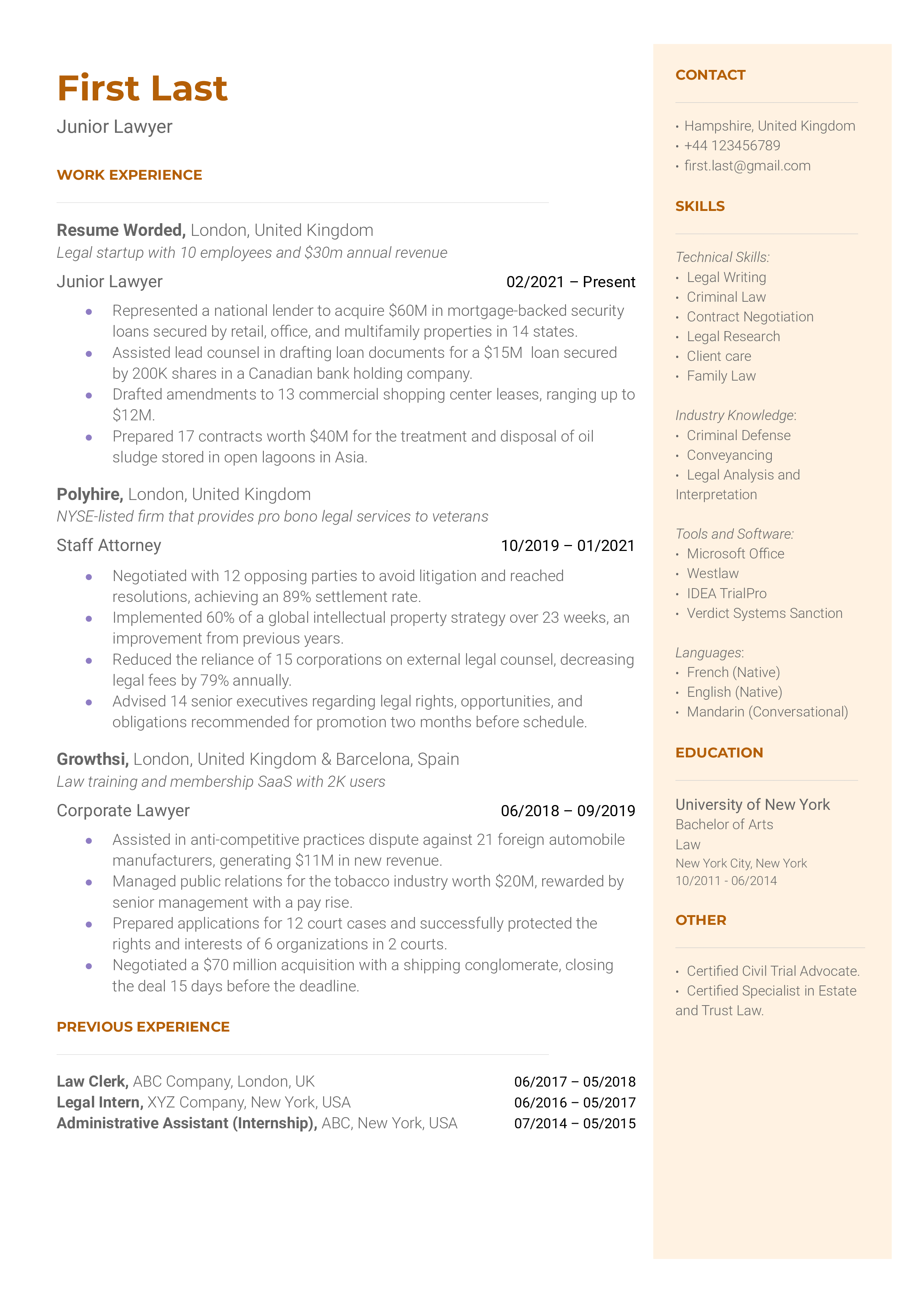 Employment Lawyer Resume Example for 2023 Resume Worded