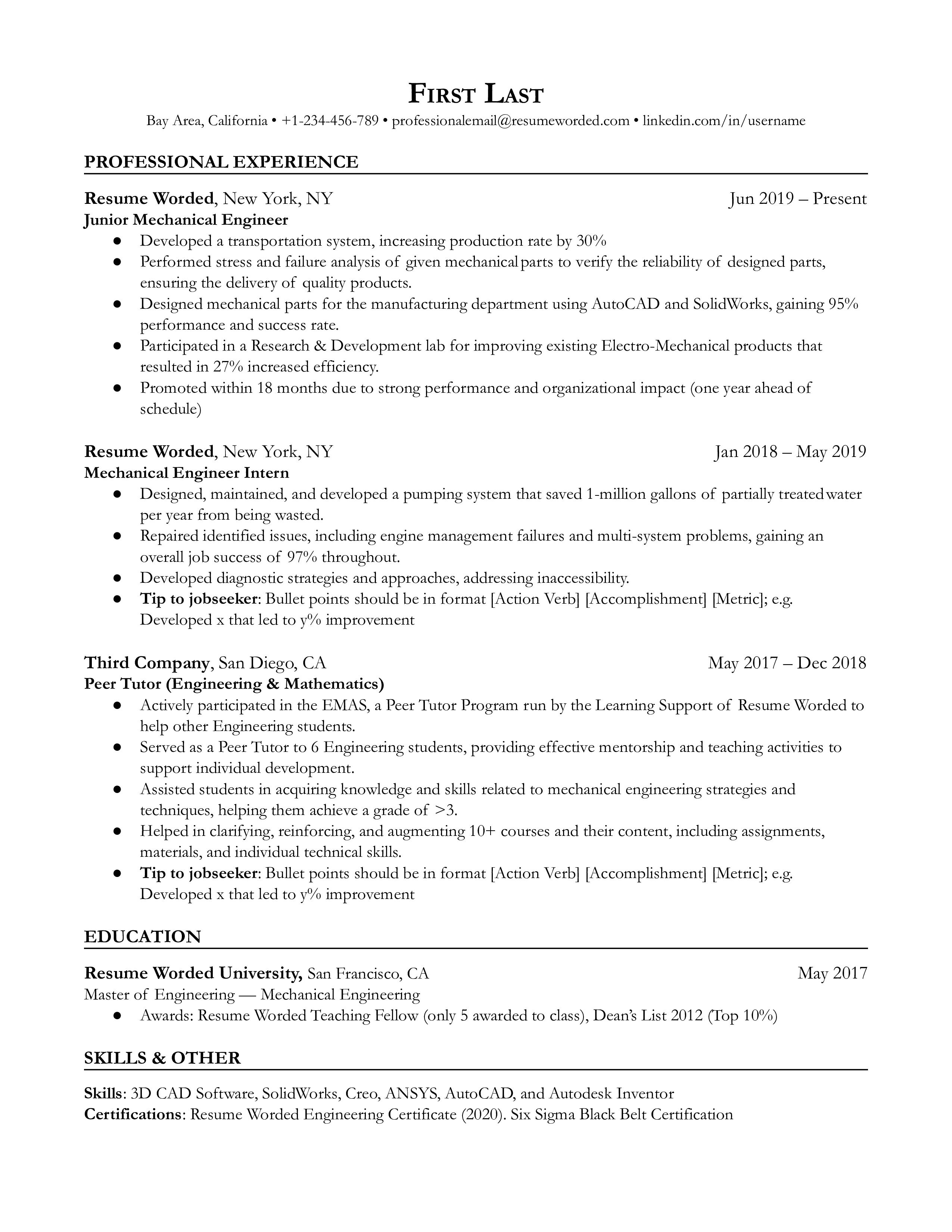 Junior mechanical engineer resume with relevant internships, extracurricular activities, and educational history
