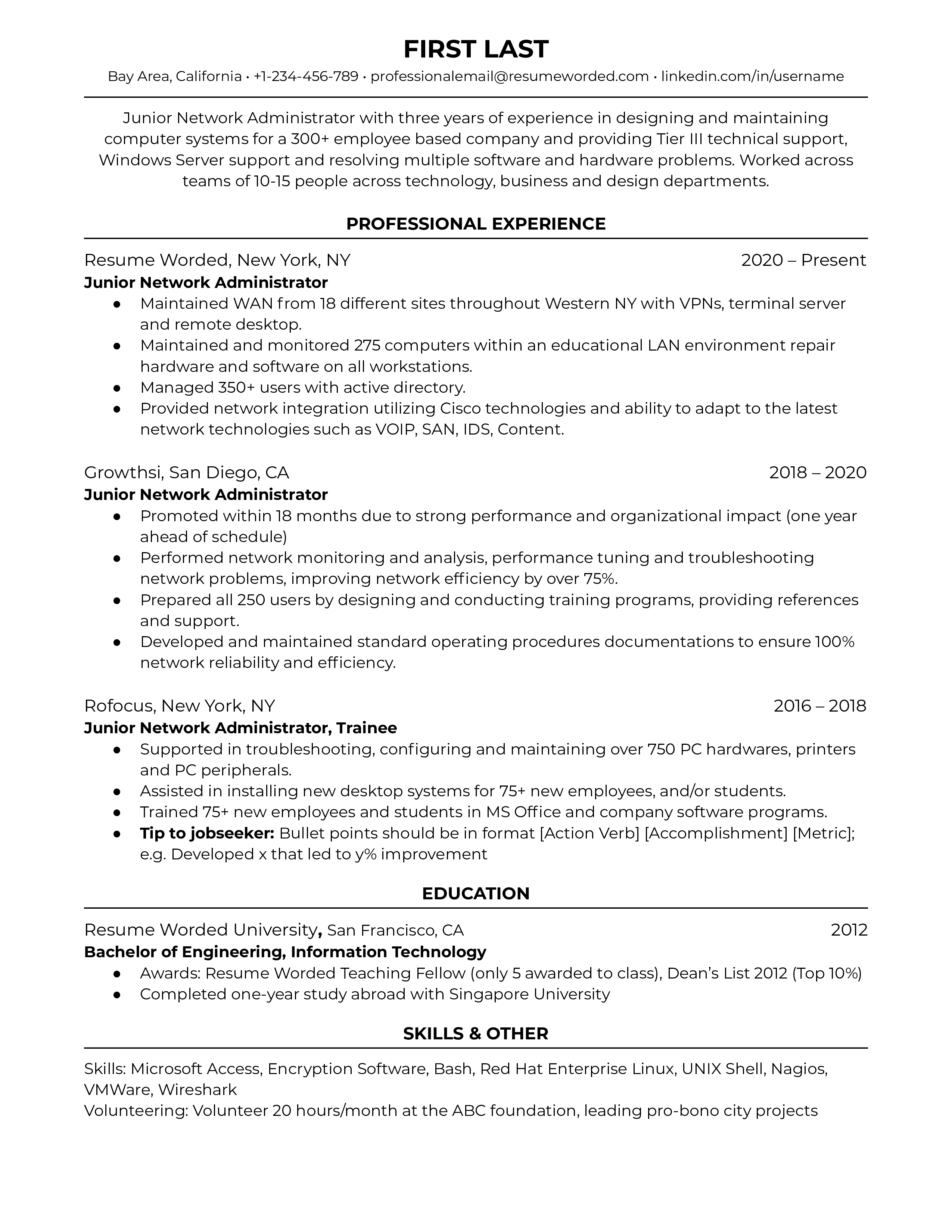 A Junior Network Administrator resume showcasing certifications and hands-on experience.