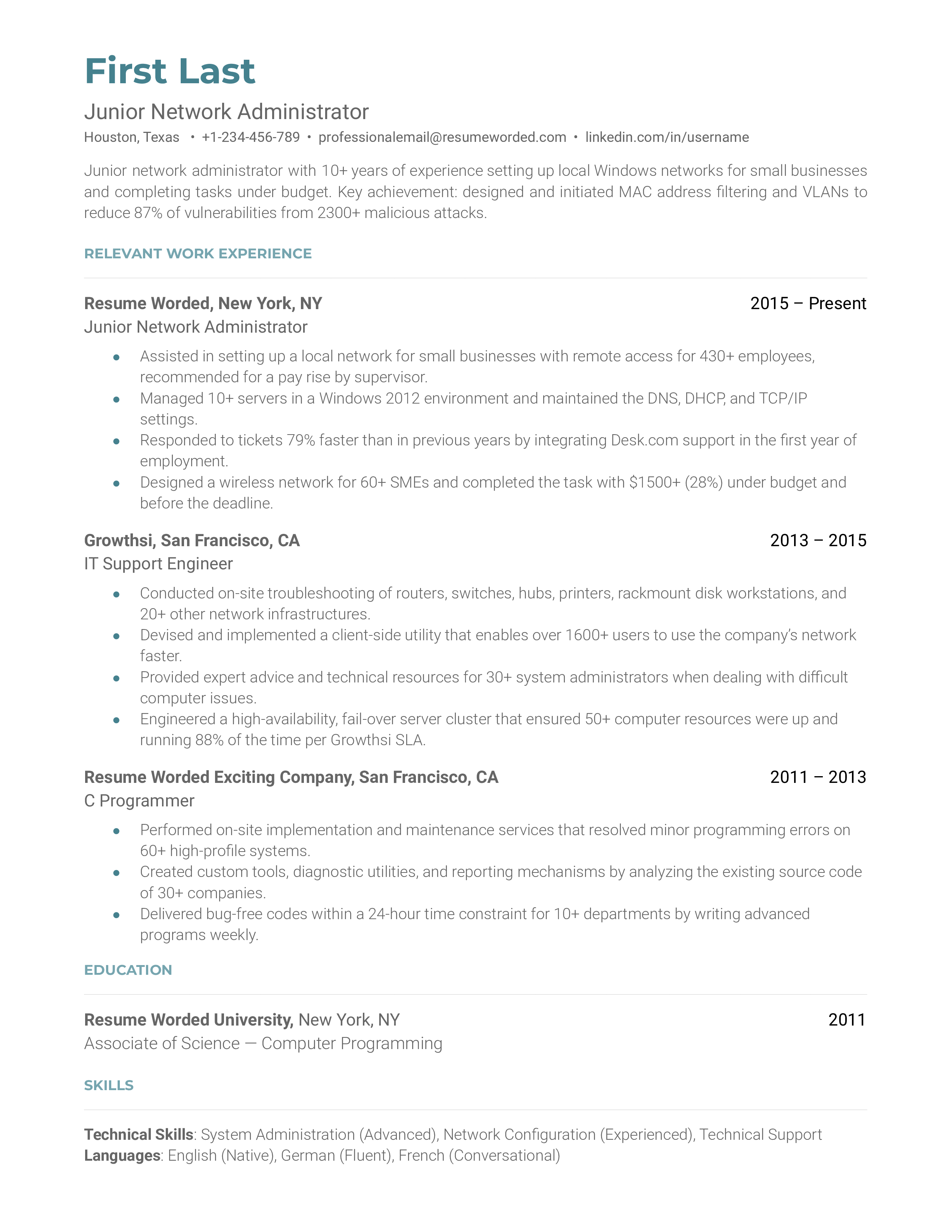A CV layout showcasing skills and achievements for a Junior Network Administrator role.