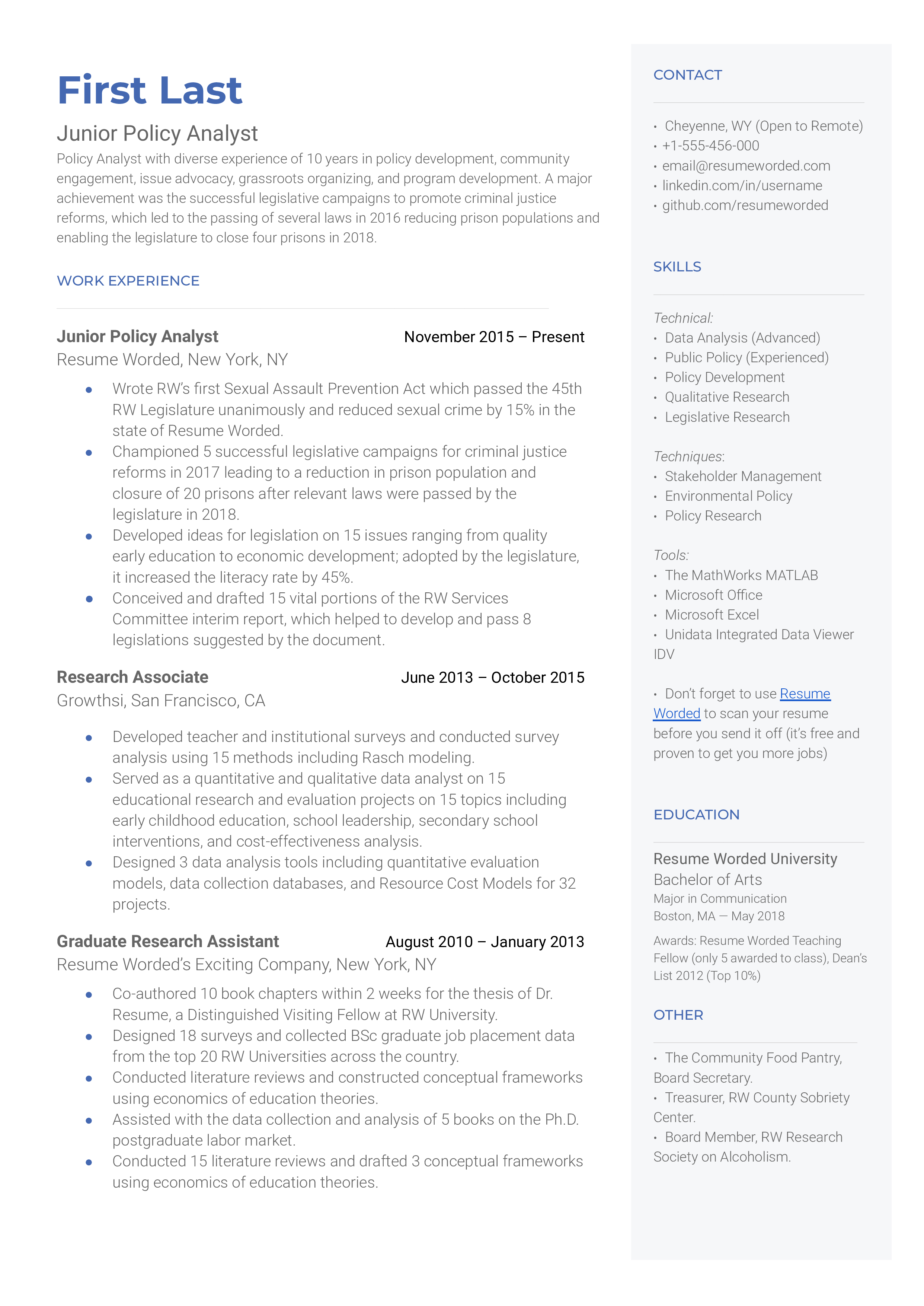 Junior Policy Analyst Resume Examples for 2024 | Resume Worded