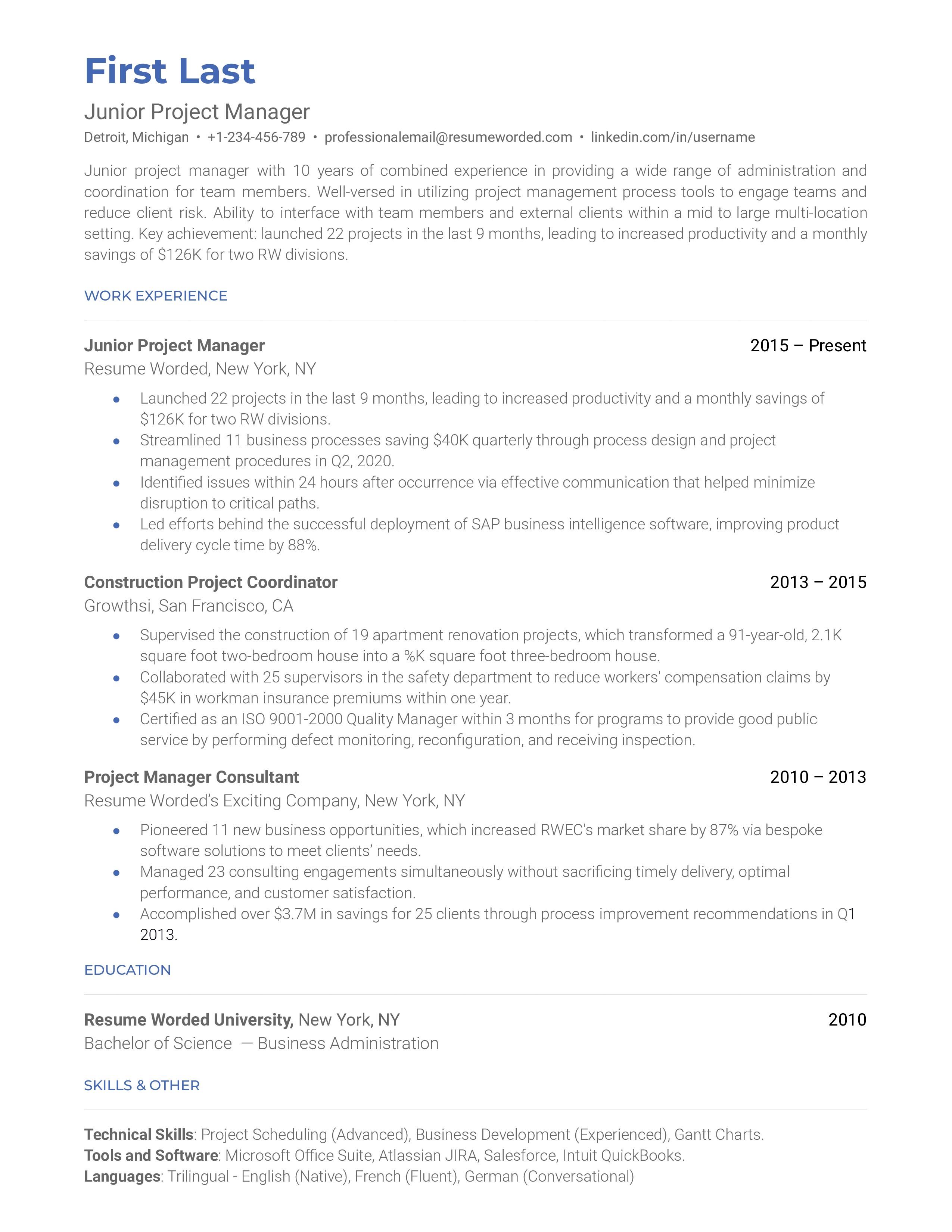 A CV screenshot for a Junior Project Manager role.