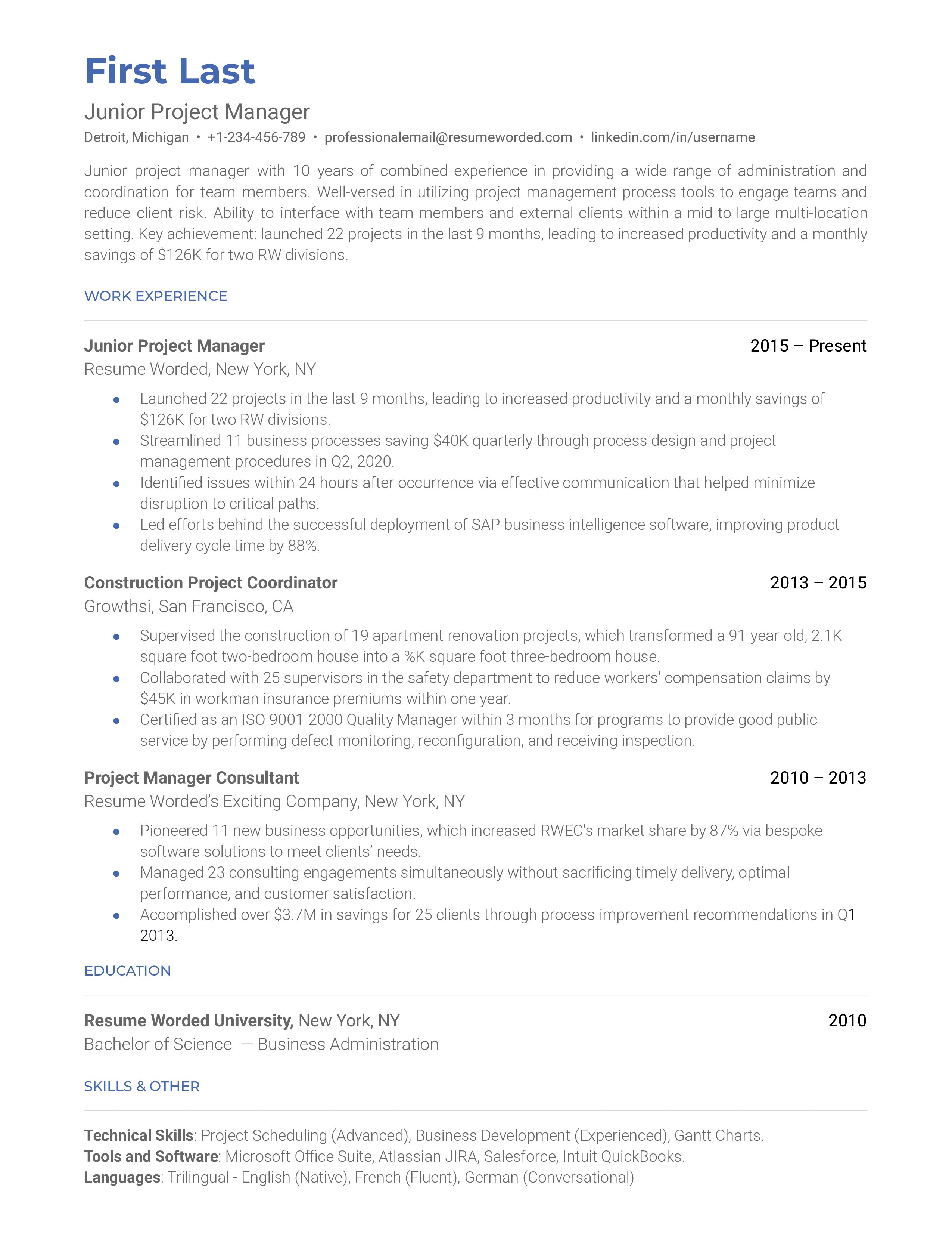 Junior Project Manager Resume Sample