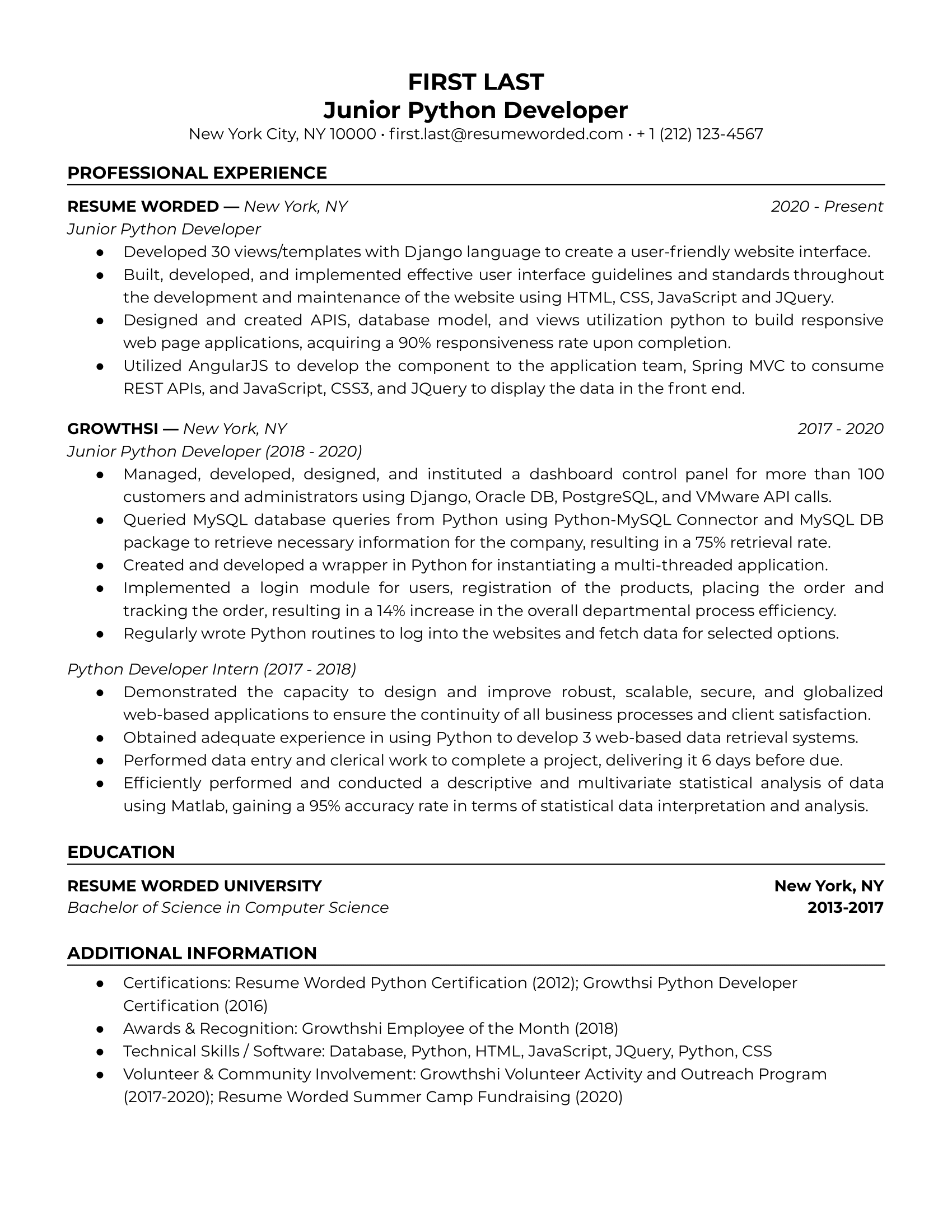 Junior Python Developer Resume Examples for 2024 | Resume Worded