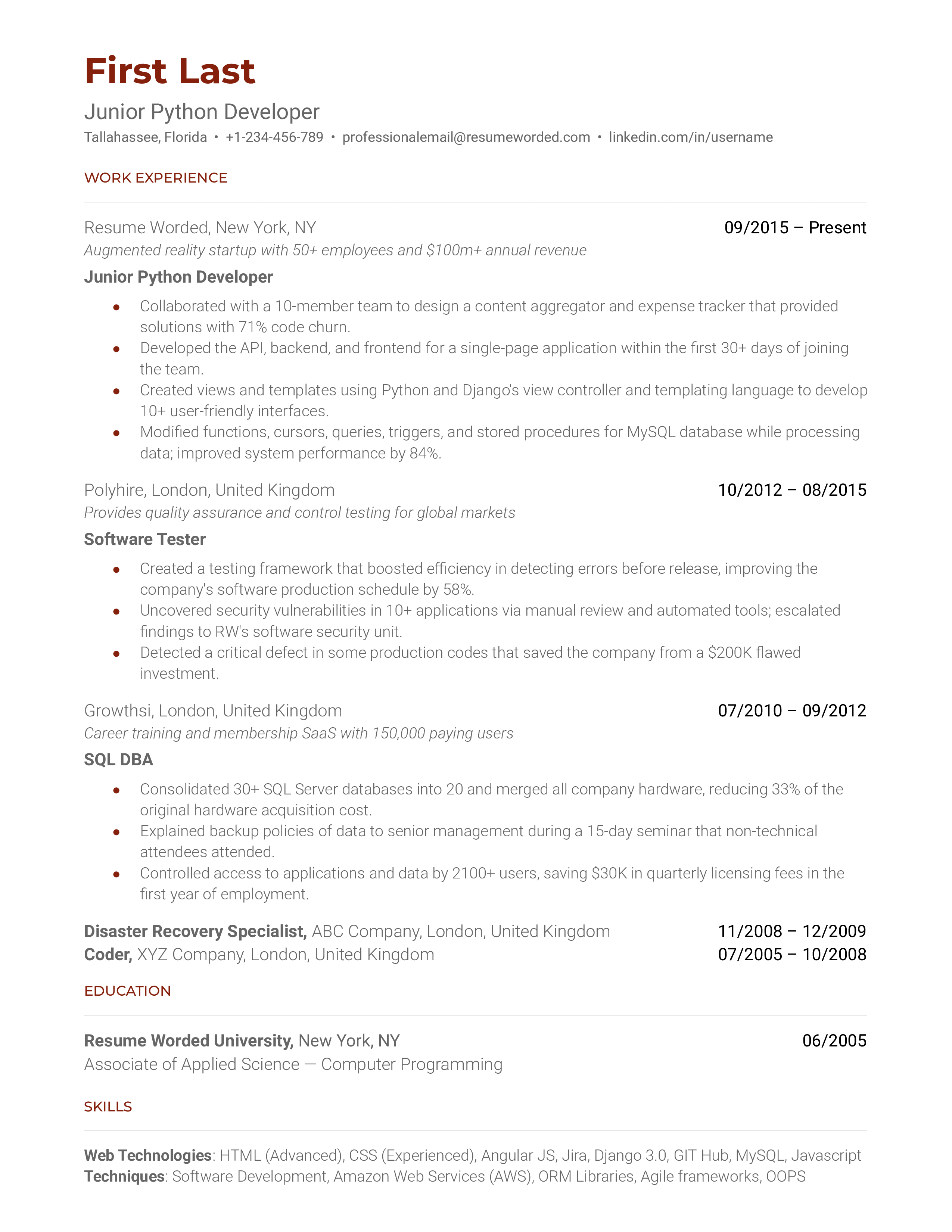 A junior python developer resume template highlighting technical competencies.