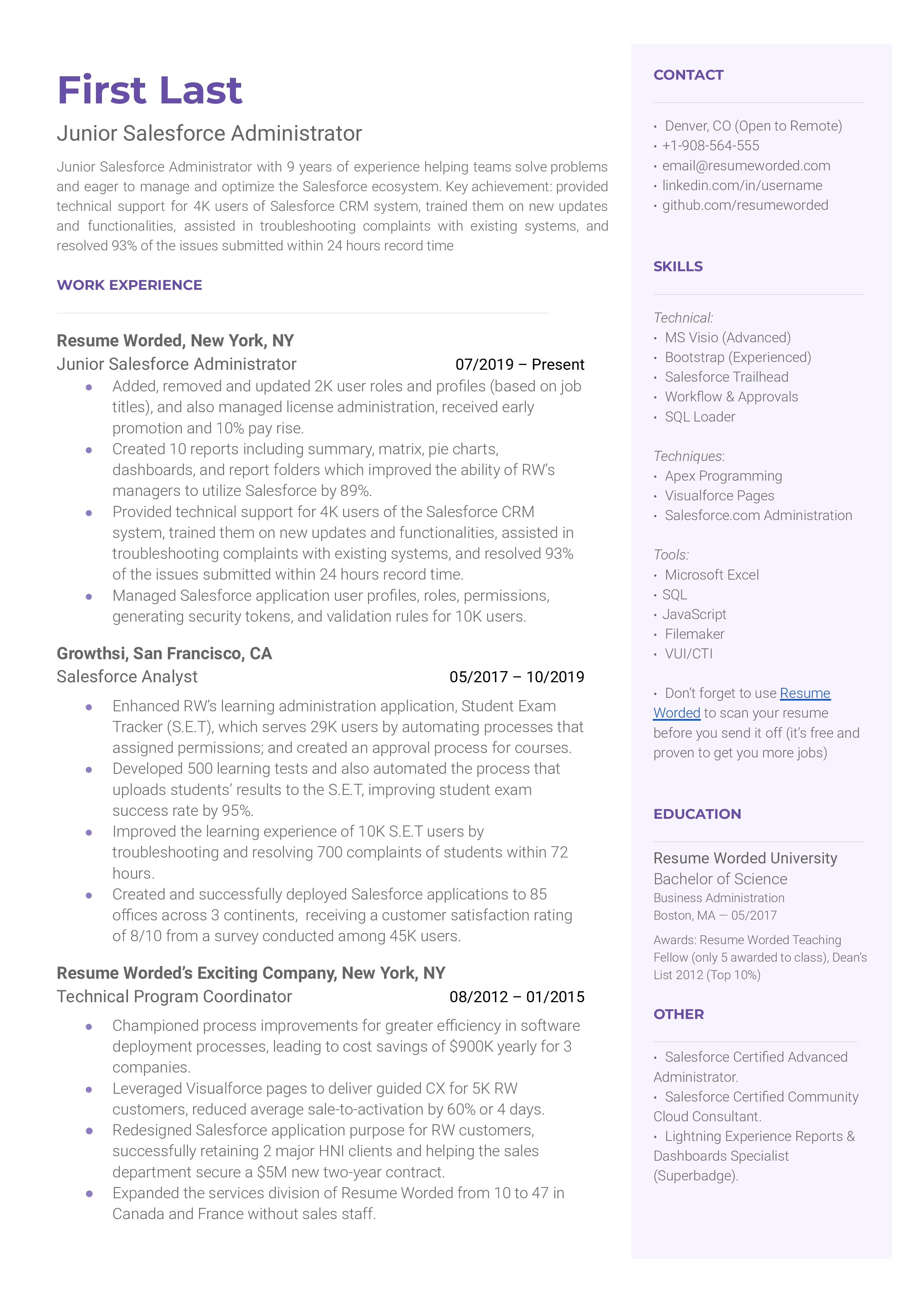 Junior Salesforce Administrator Resume Example for 2023 | Resume Worded
