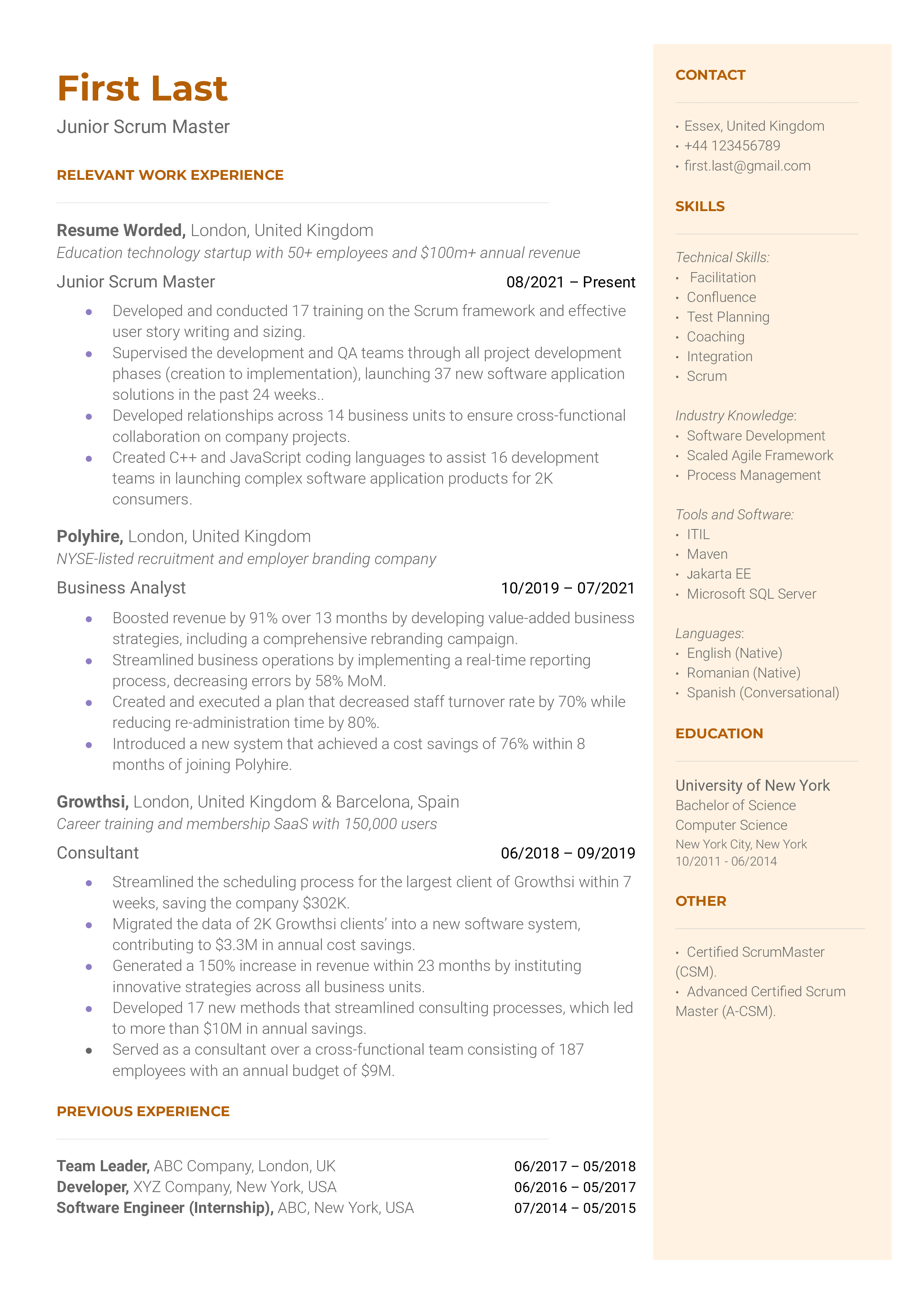 A junior scrum master resume sample highlighting the applicant’s technical experience and tools list.