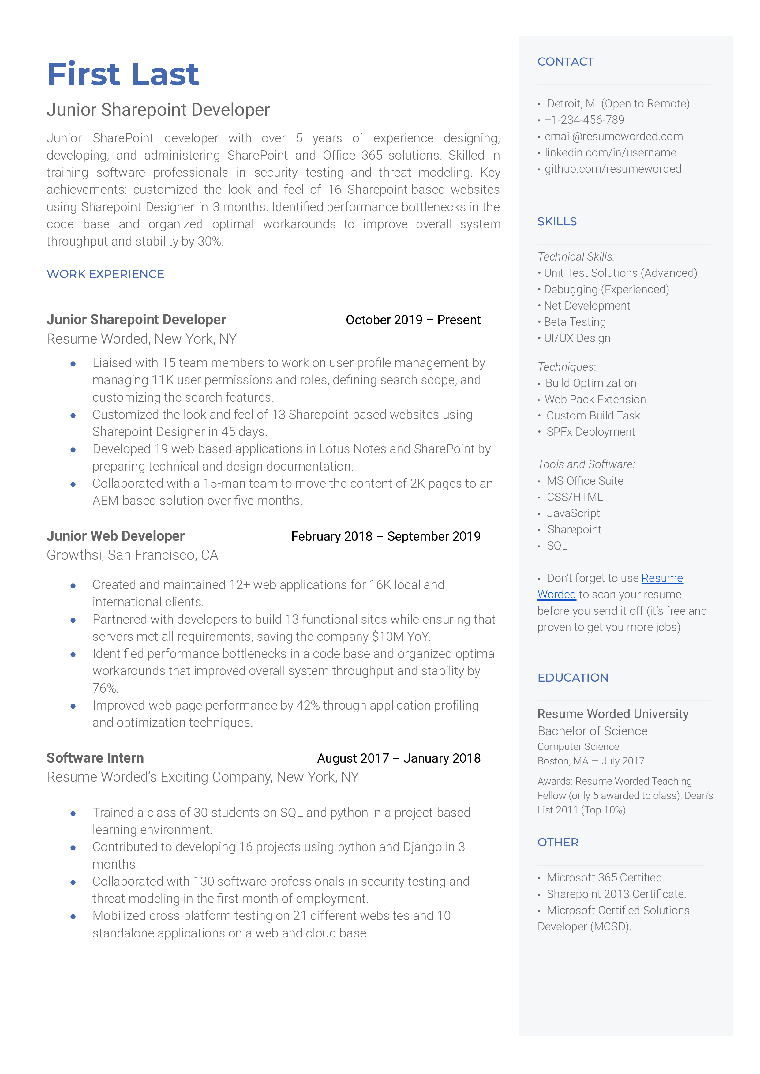 A junior SharePoint developer resume template that includes metrics to highlight achievements