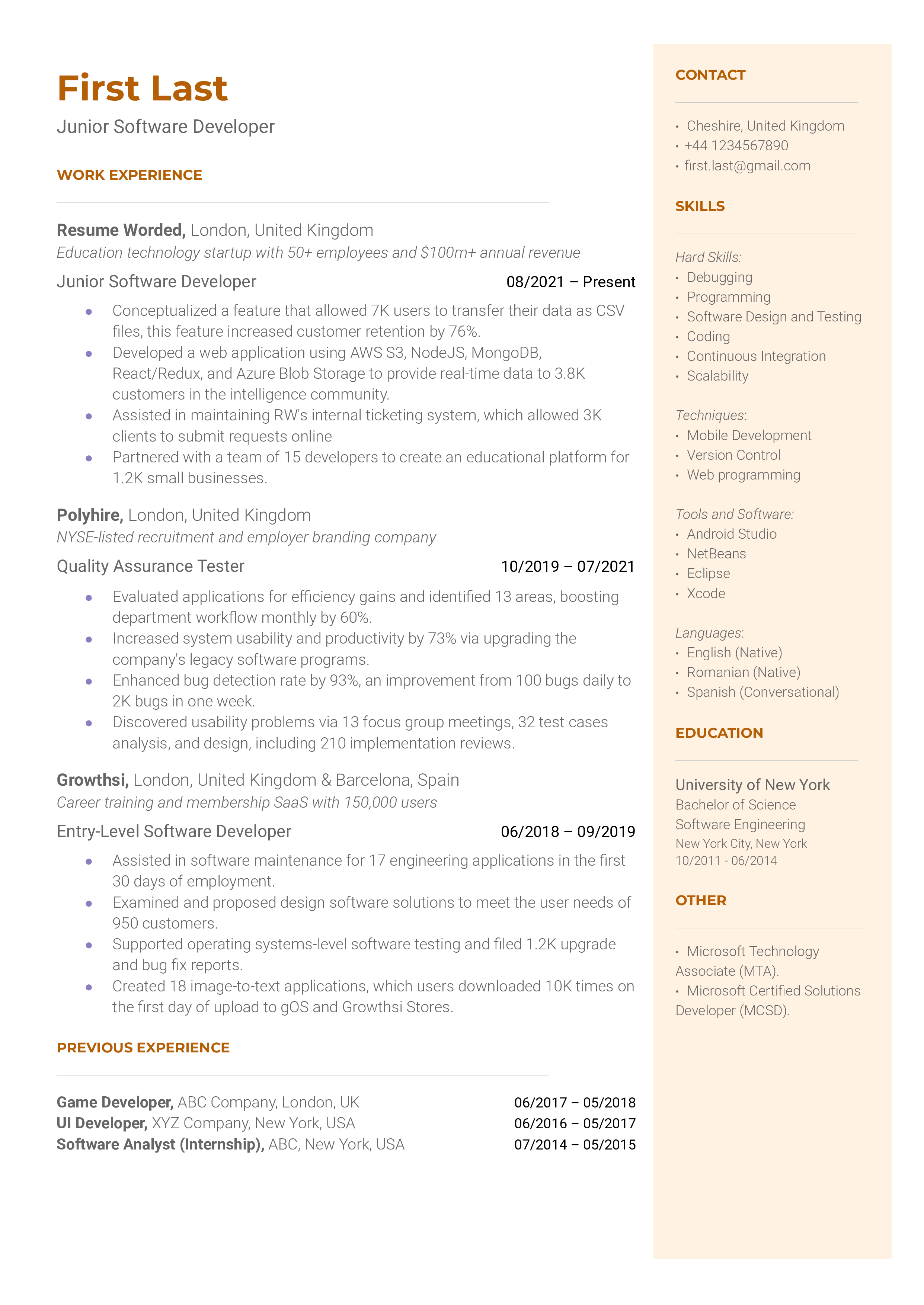 A junior software developer resume template that uses metrics to illustrate achievements