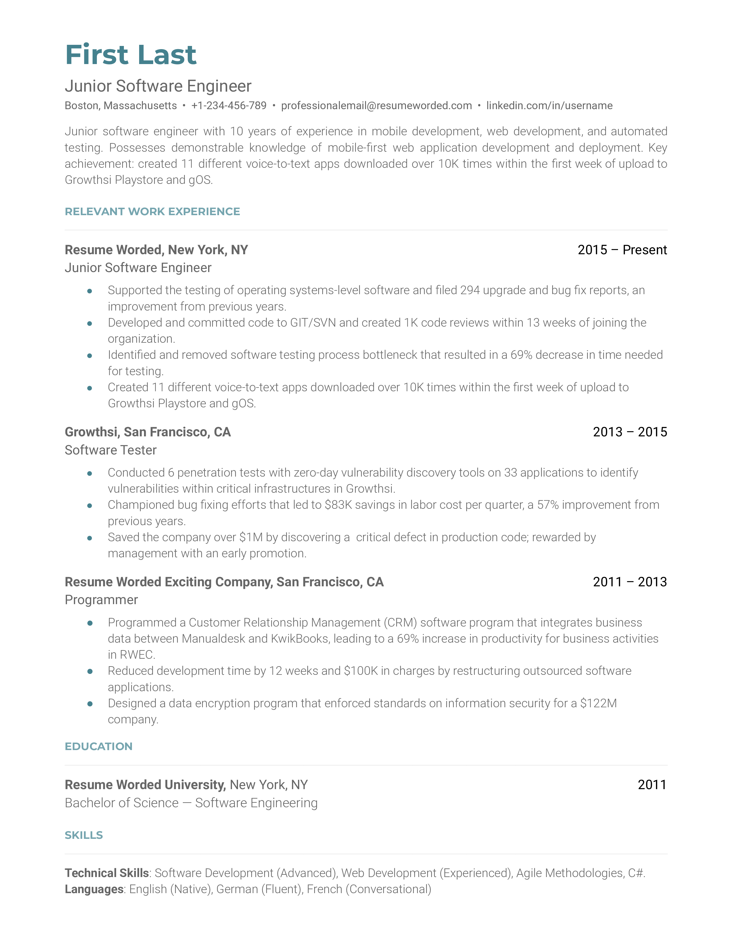 A junior software engineer resume sample that highlights the applicant’s thorough skills list and career growth.