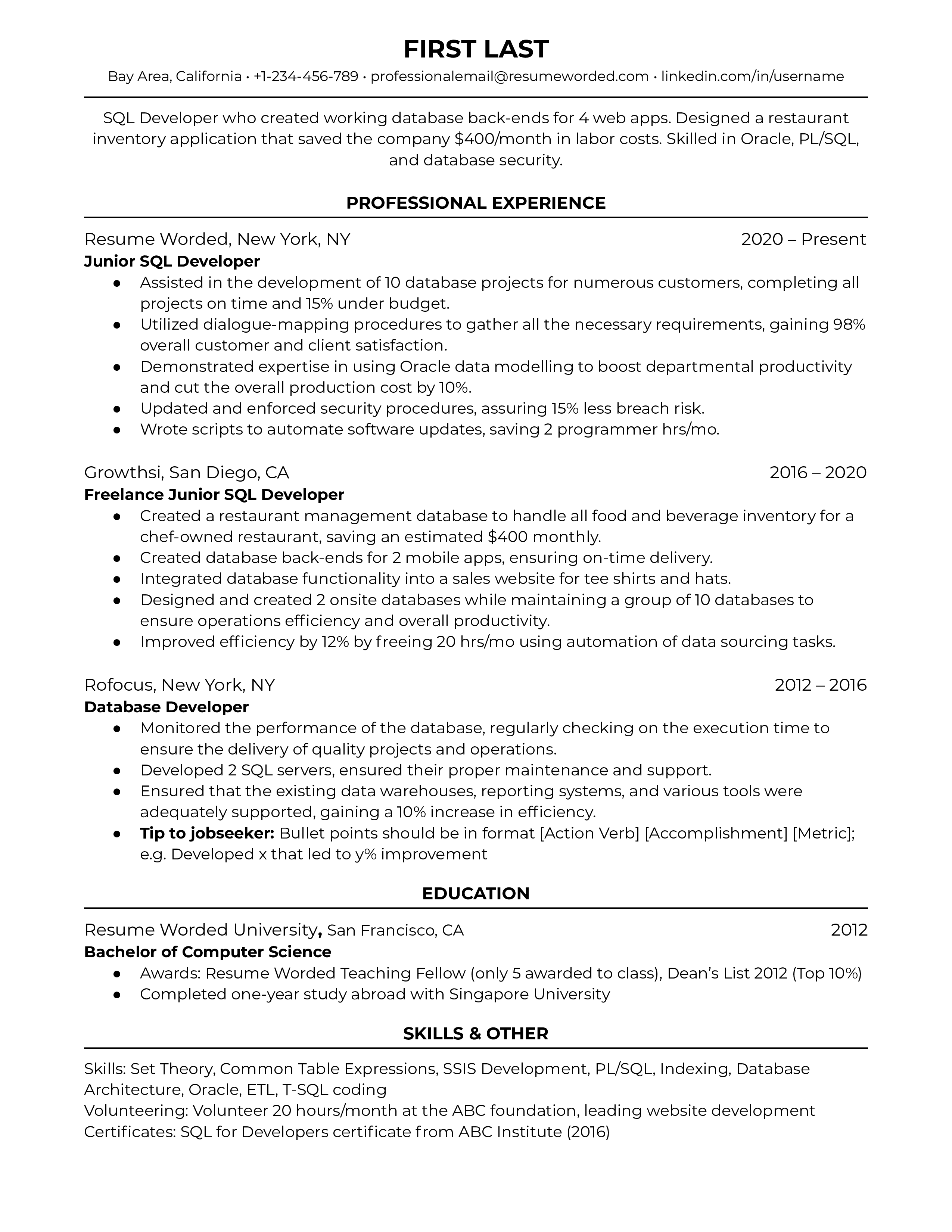 This Junior SQL Developer resume template highlights one's experience developing an application that helped the client with their business.