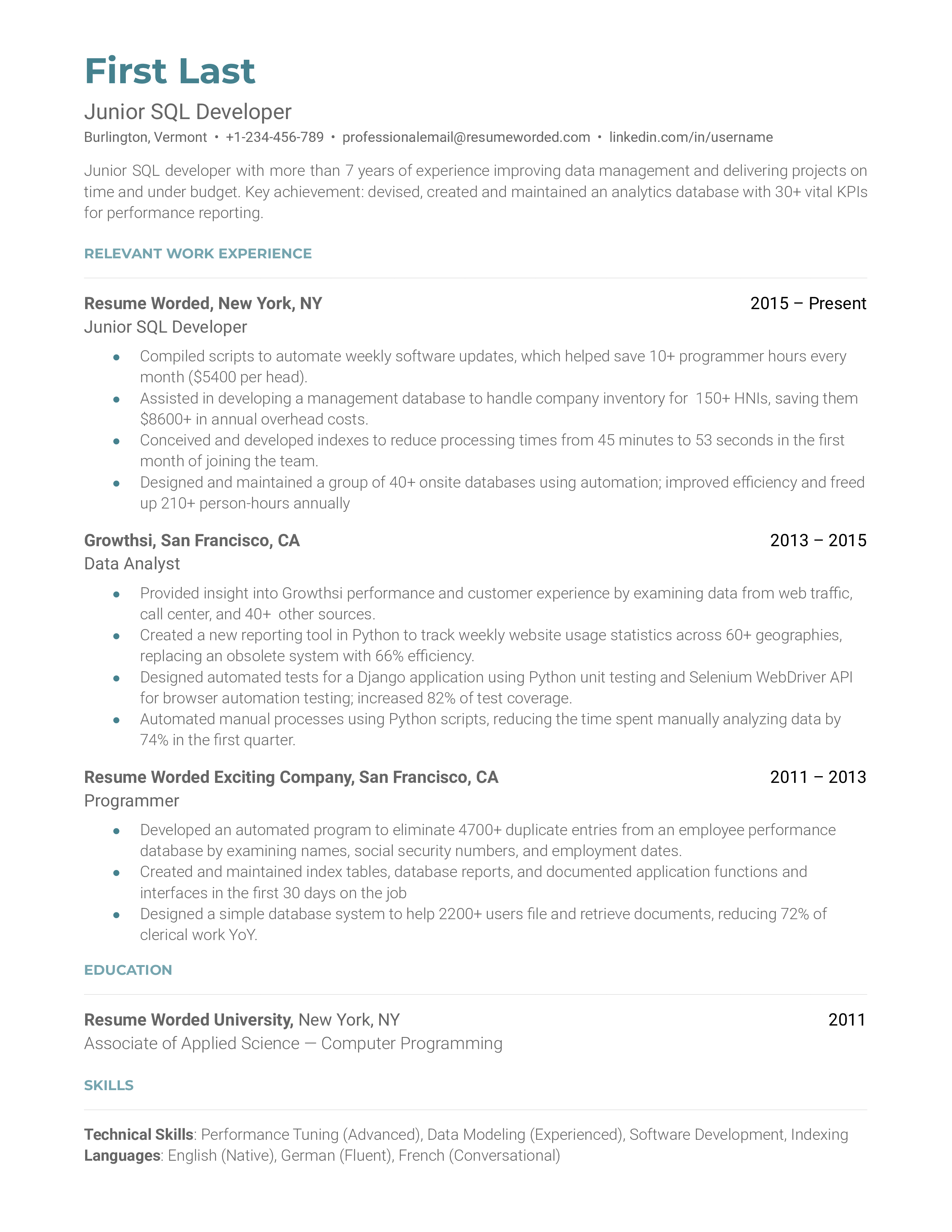 A resume for a junior SQL developer with a bachelor's degree in computer science and experience as a database developer.