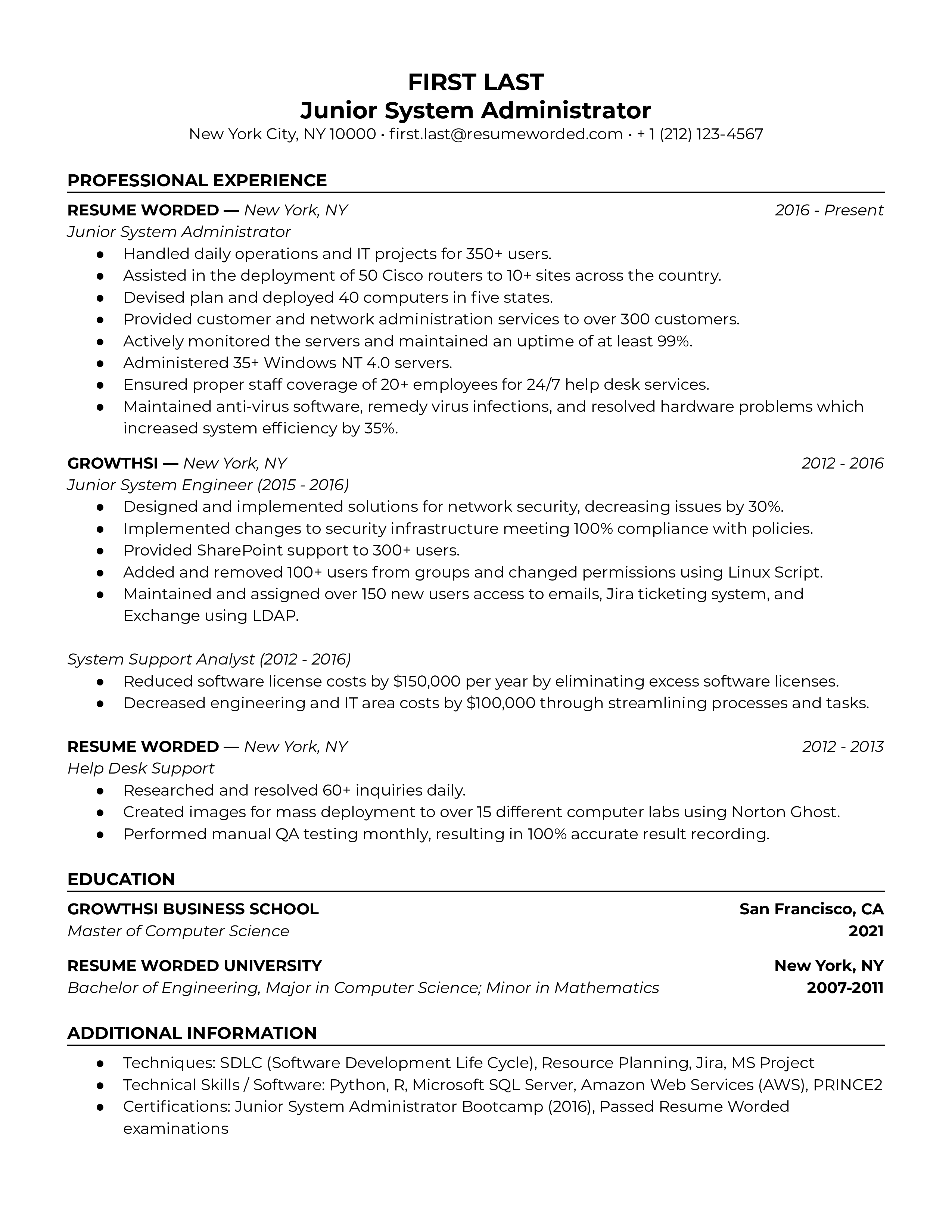 A snapshot of a well-structured Junior System Administrator resume showcasing relevant technical and soft skills.