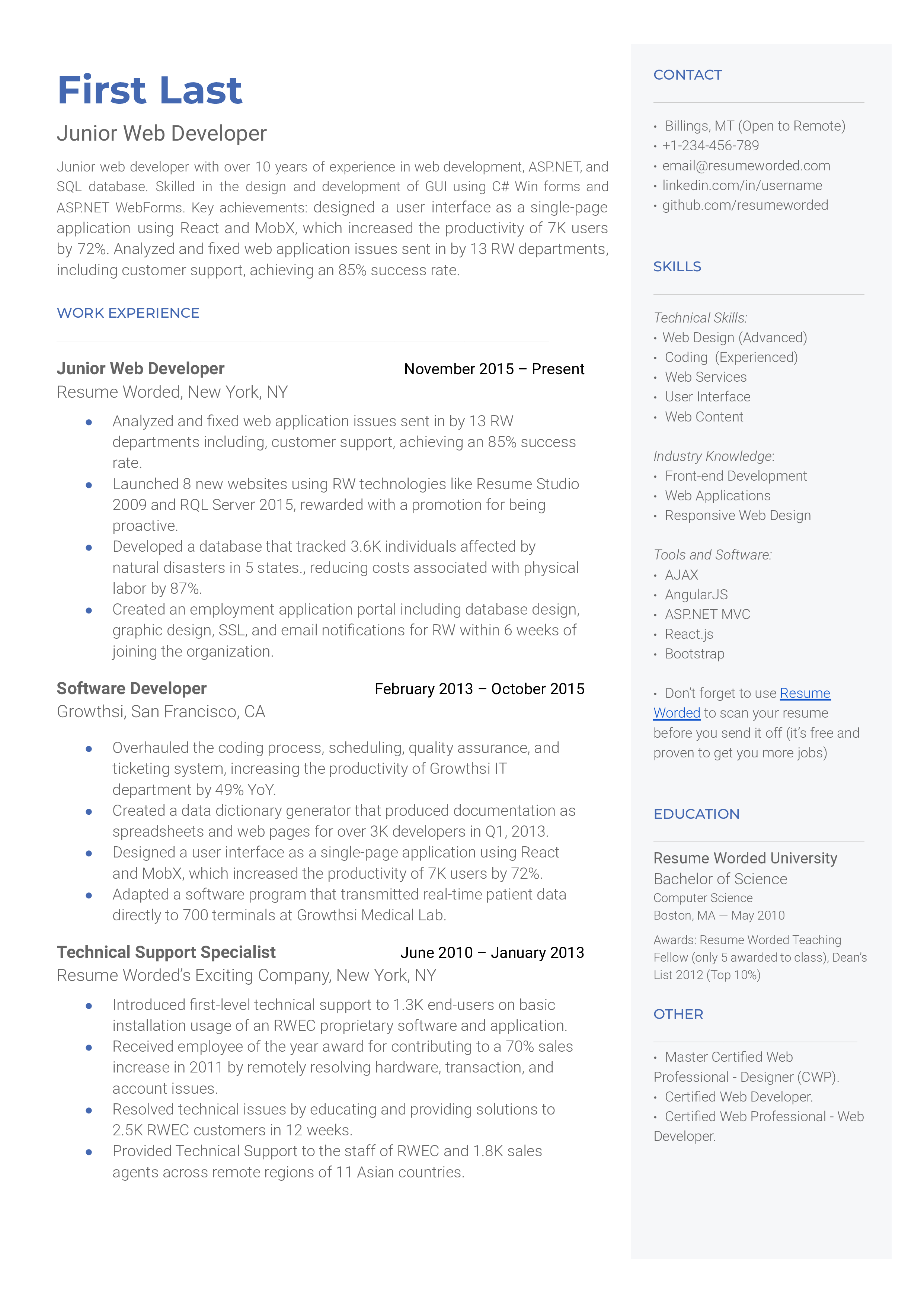A junior web developer resume sample that highlights the applicant’s certifications and skill set.