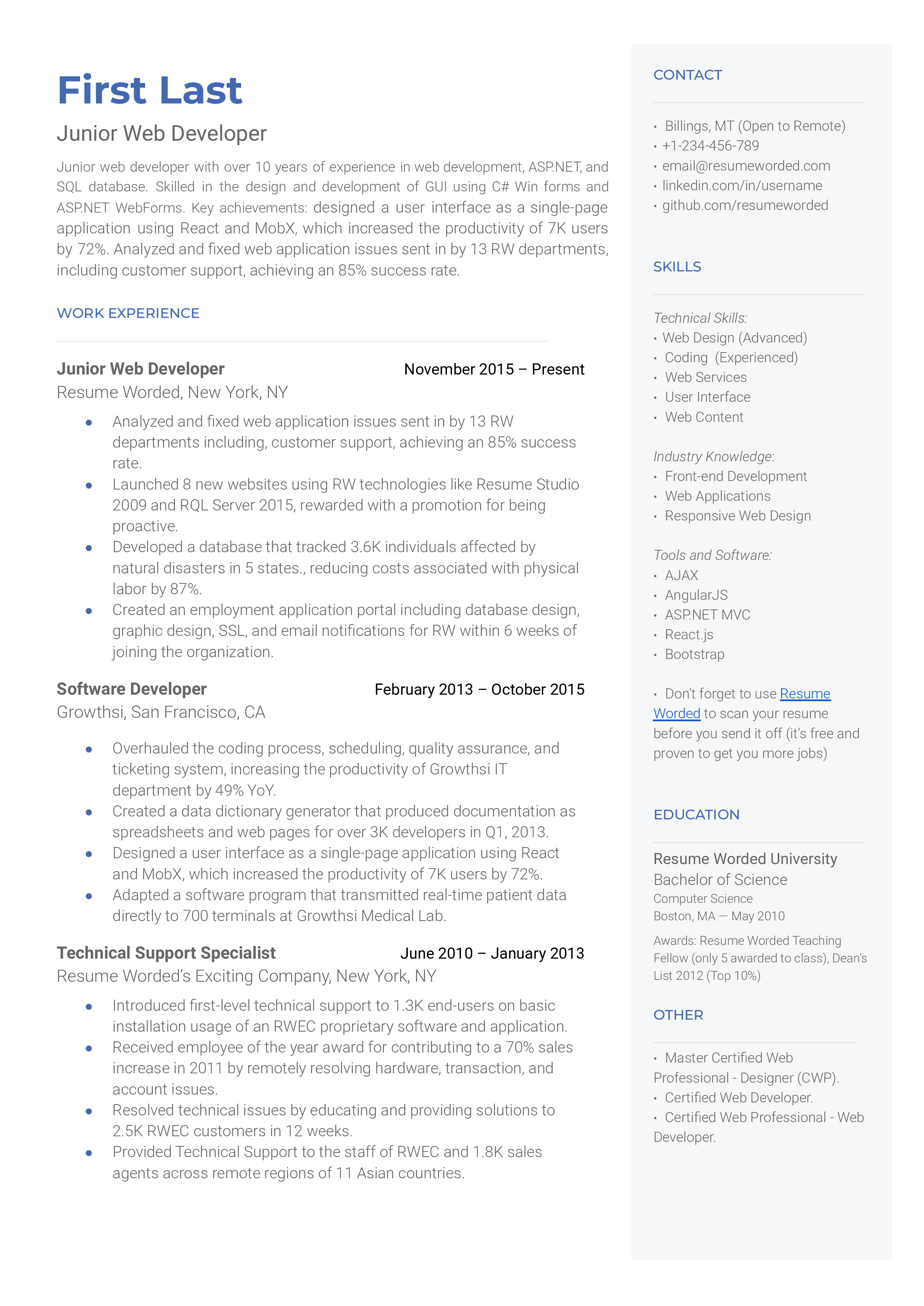 Screenshot of a Junior Web Developer's CV showcasing projects and essential tools proficiency.