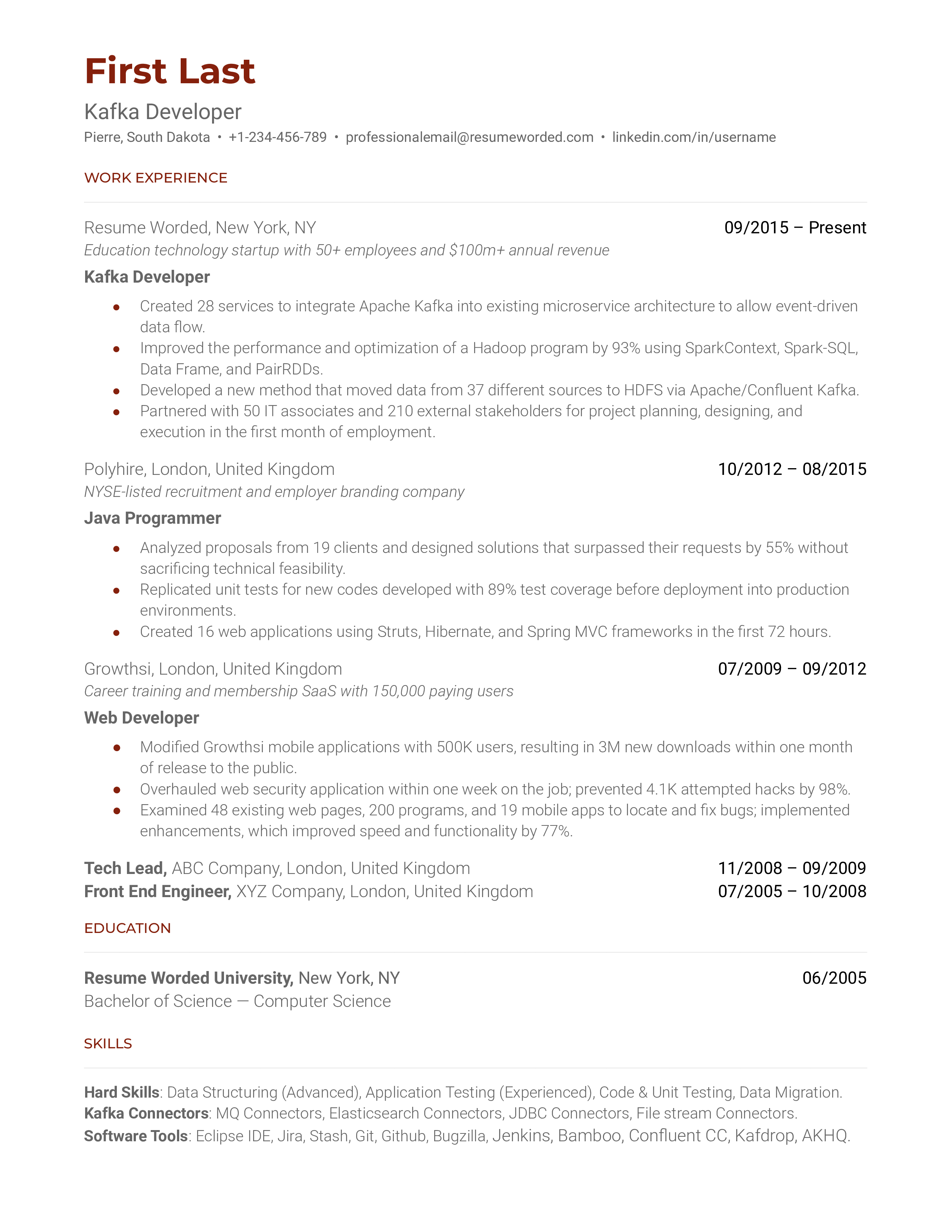 A Kafka developer resume template that includes contact information and relevant work experience