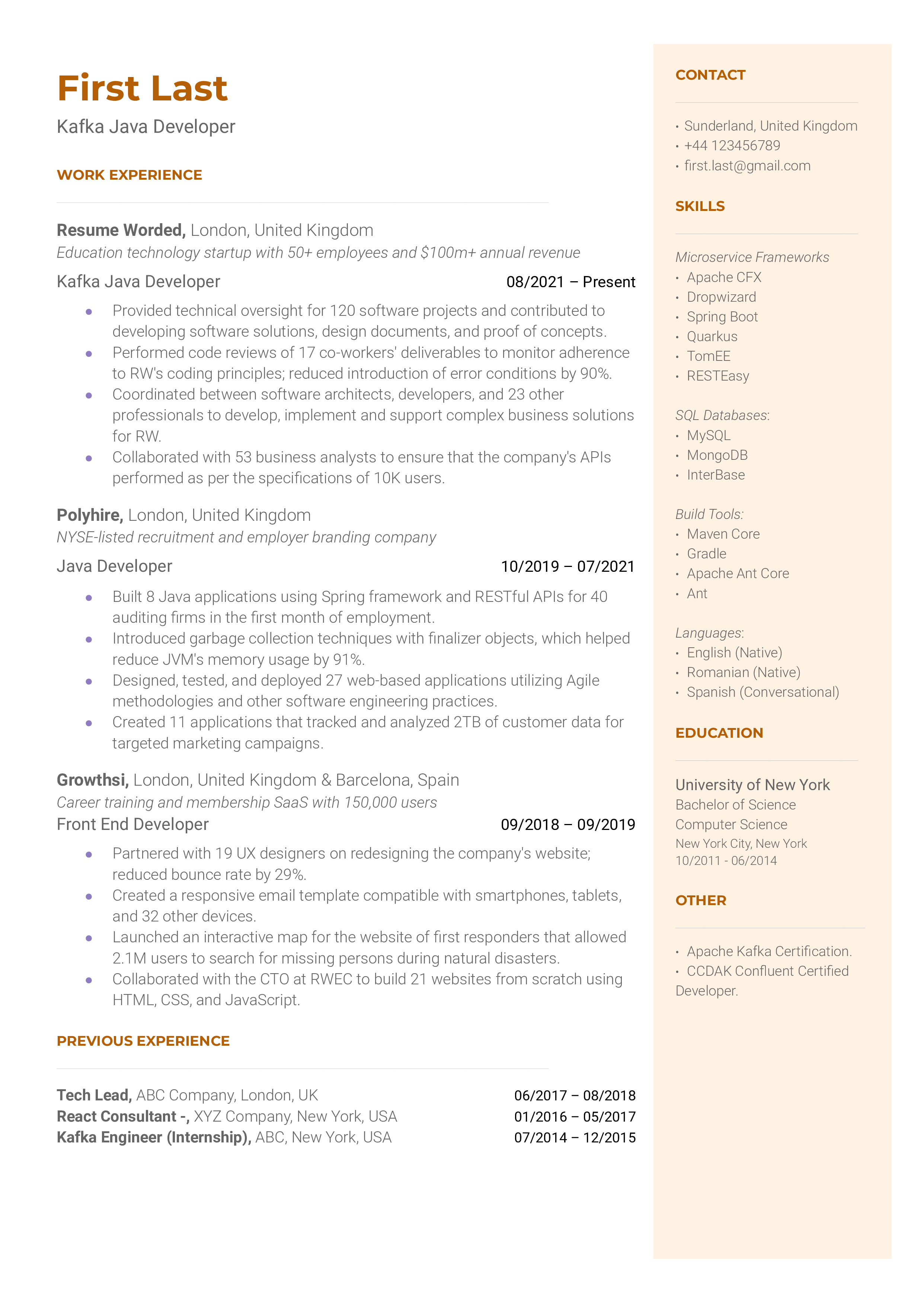 A well-structured CV displaying the Kafka and Java experience of a Kafka Java Developer applicant.