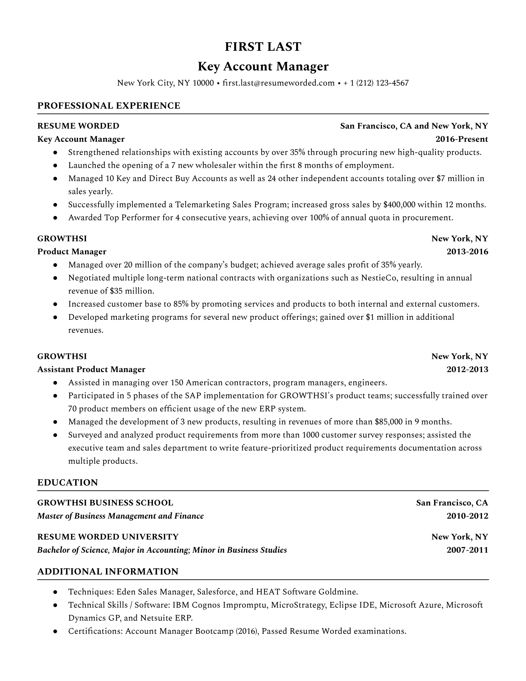 Key Account Manager Resume Template + Example