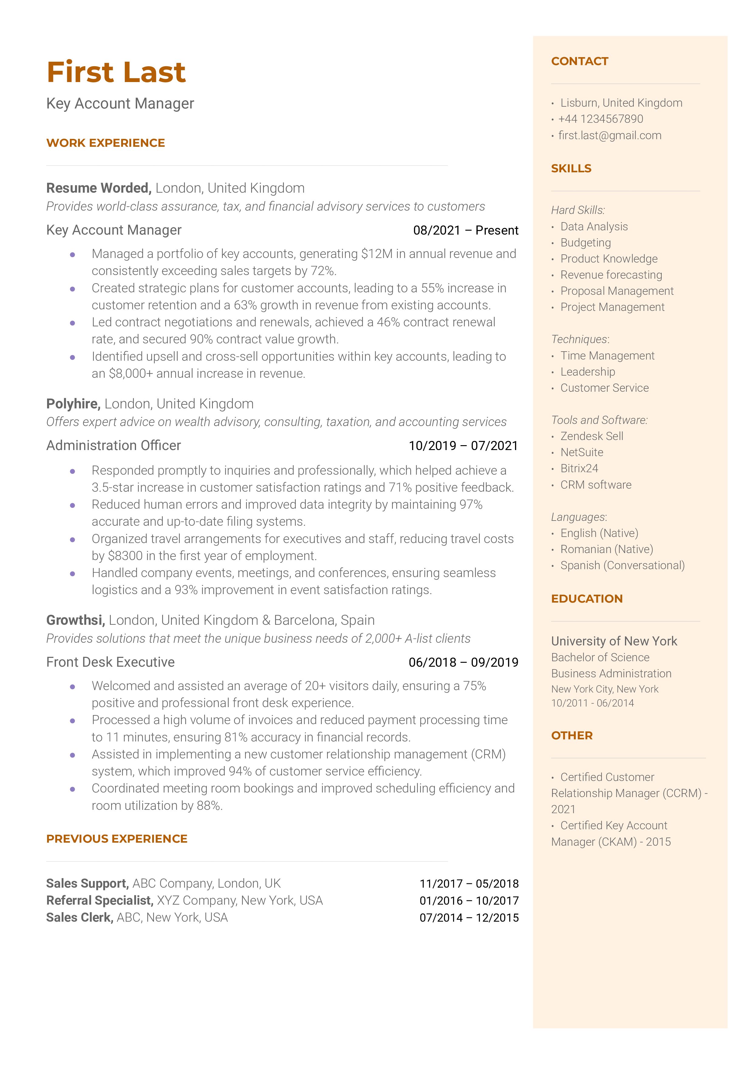 A neat and well-structured CV for a Key Account Manager position, highlighting strategic thinking and relationship management skills.