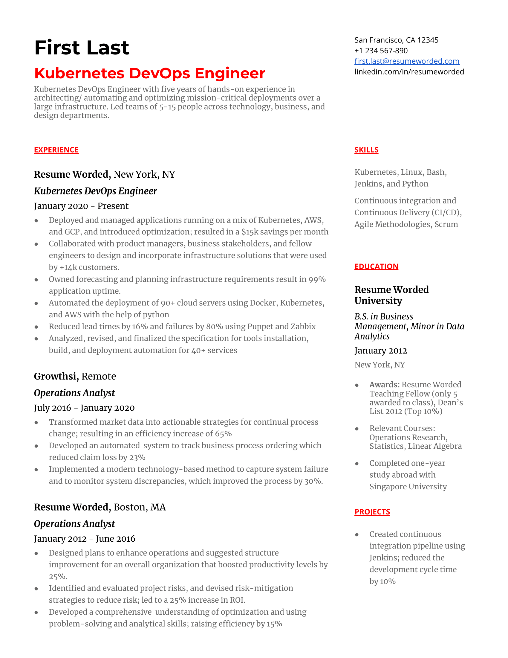 A Kubernetes DevOps engineer resume template including web service tools and programming skills.