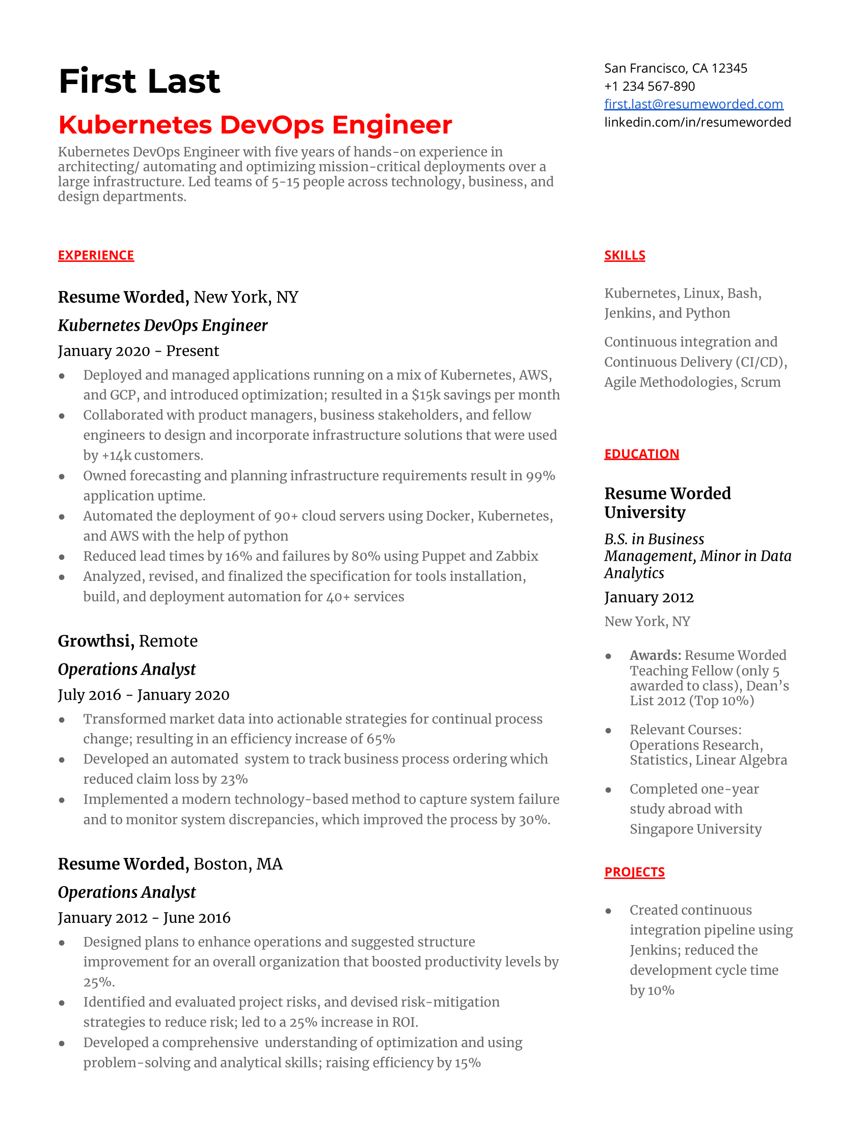 Kubernetes DevOps Engineer Resume Sample