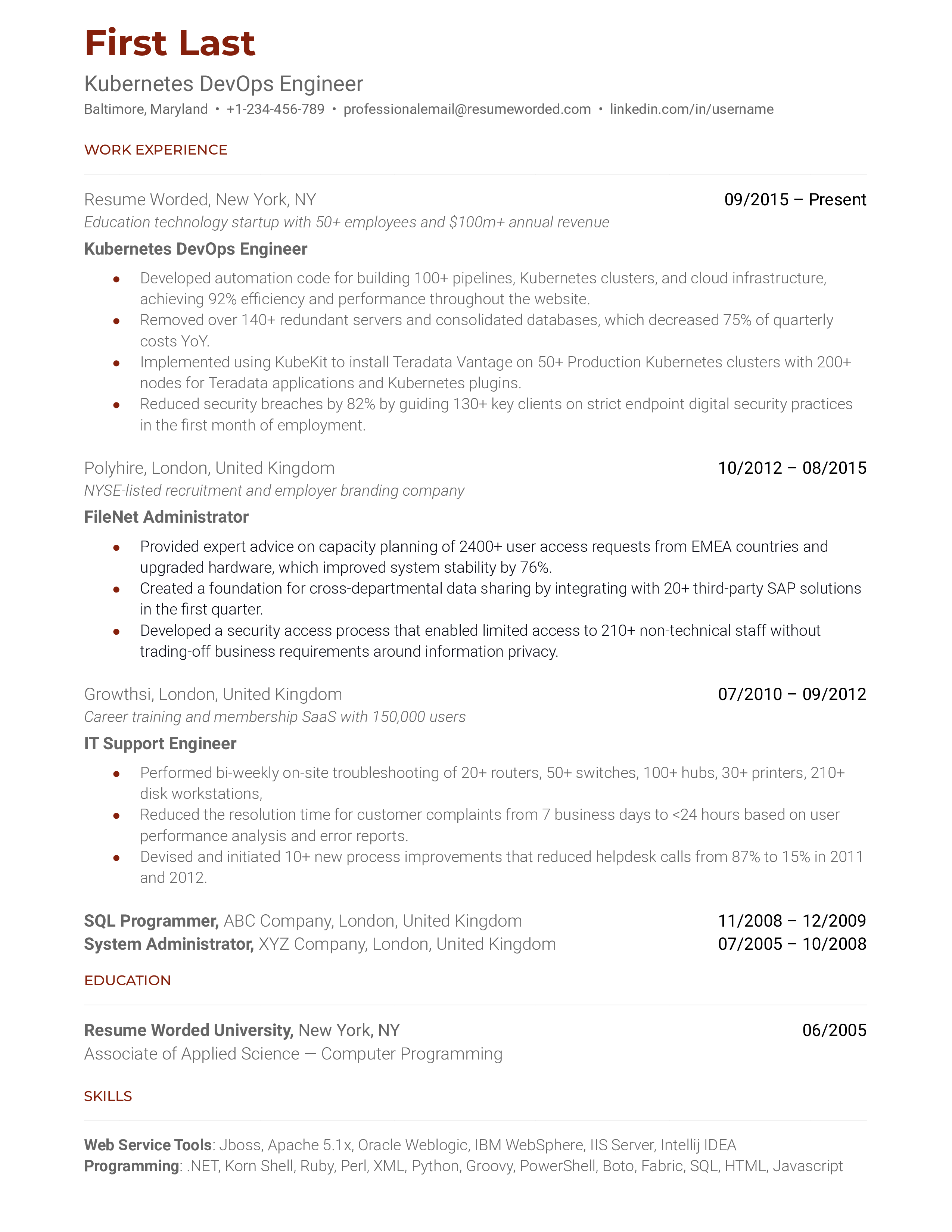 A Kubernetes DevOps engineer resume template including web service tools and programming skills.