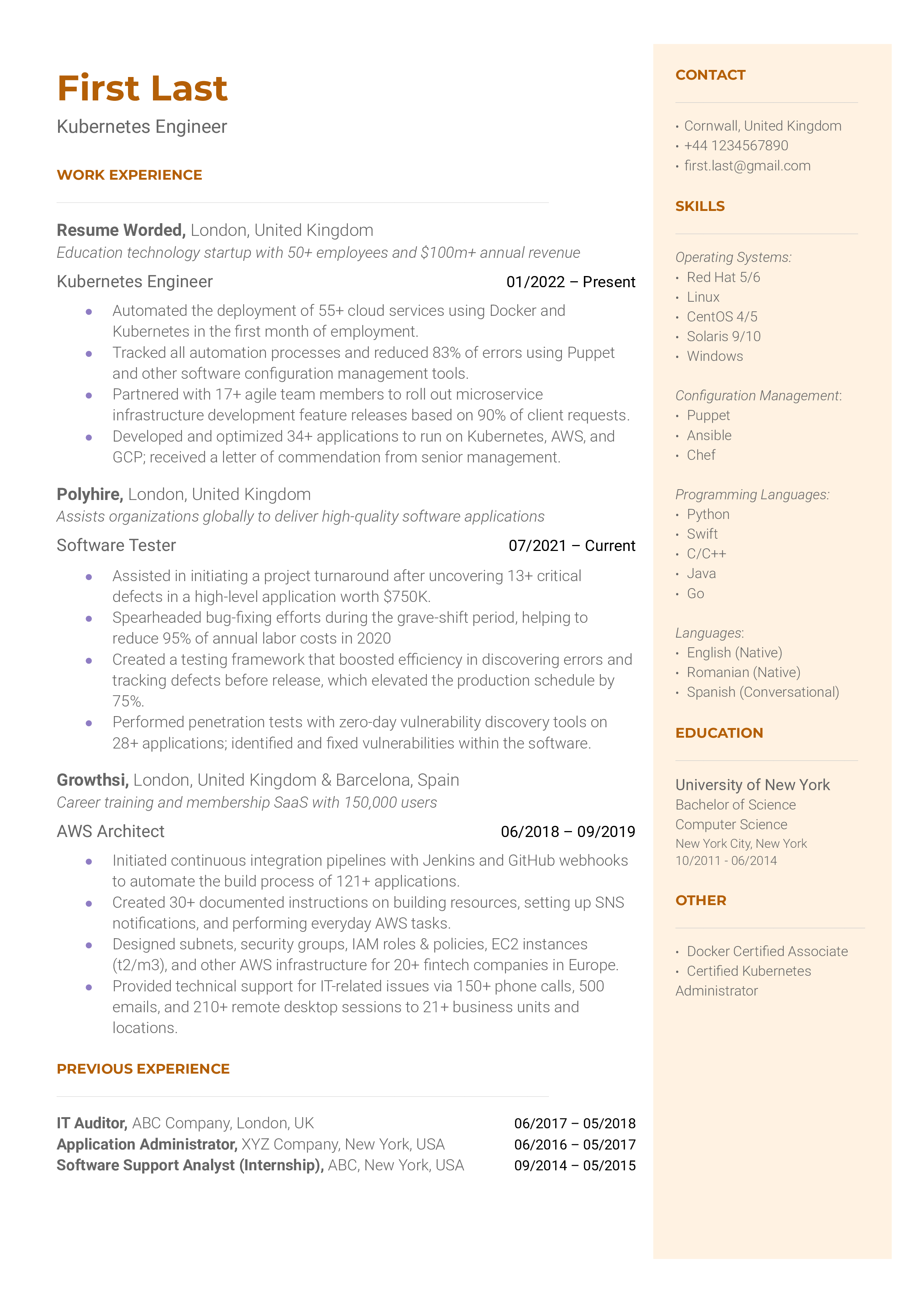 A resume for a Kubernetes engineer with a degree in computer science and experience as a AWS architect and software tester.