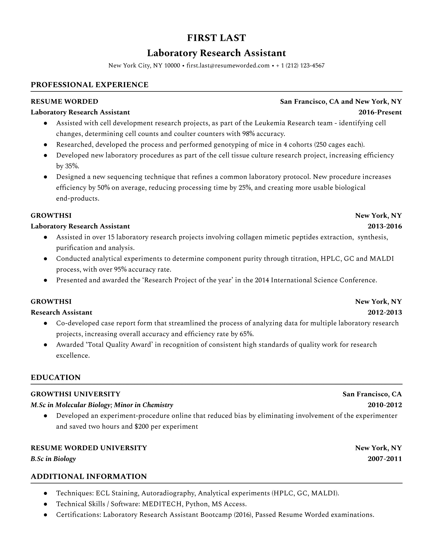 A resume for a Laboratory Research Assistant highlighting specific lab and computational skills.