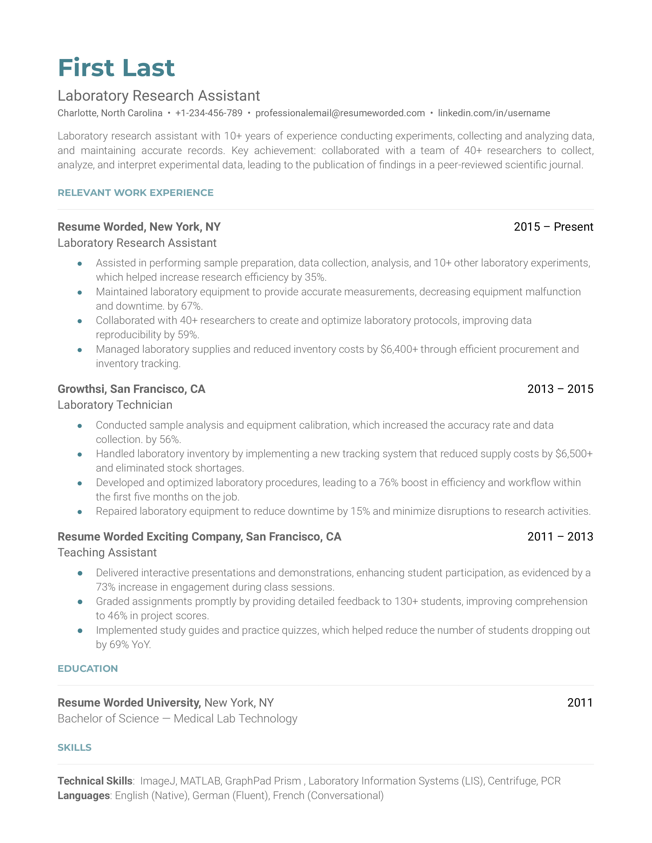 A CV for a Laboratory Research Assistant showcasing technical skills and experience.