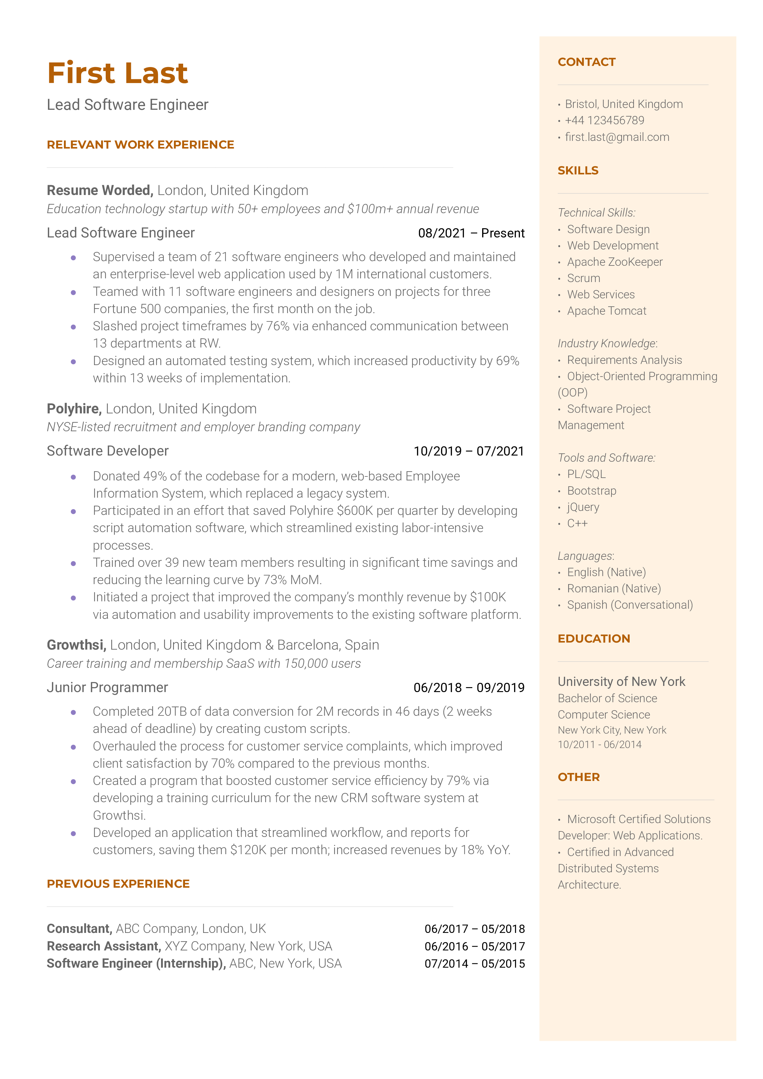 Screenshot of a CV for a Lead Software Engineer role.