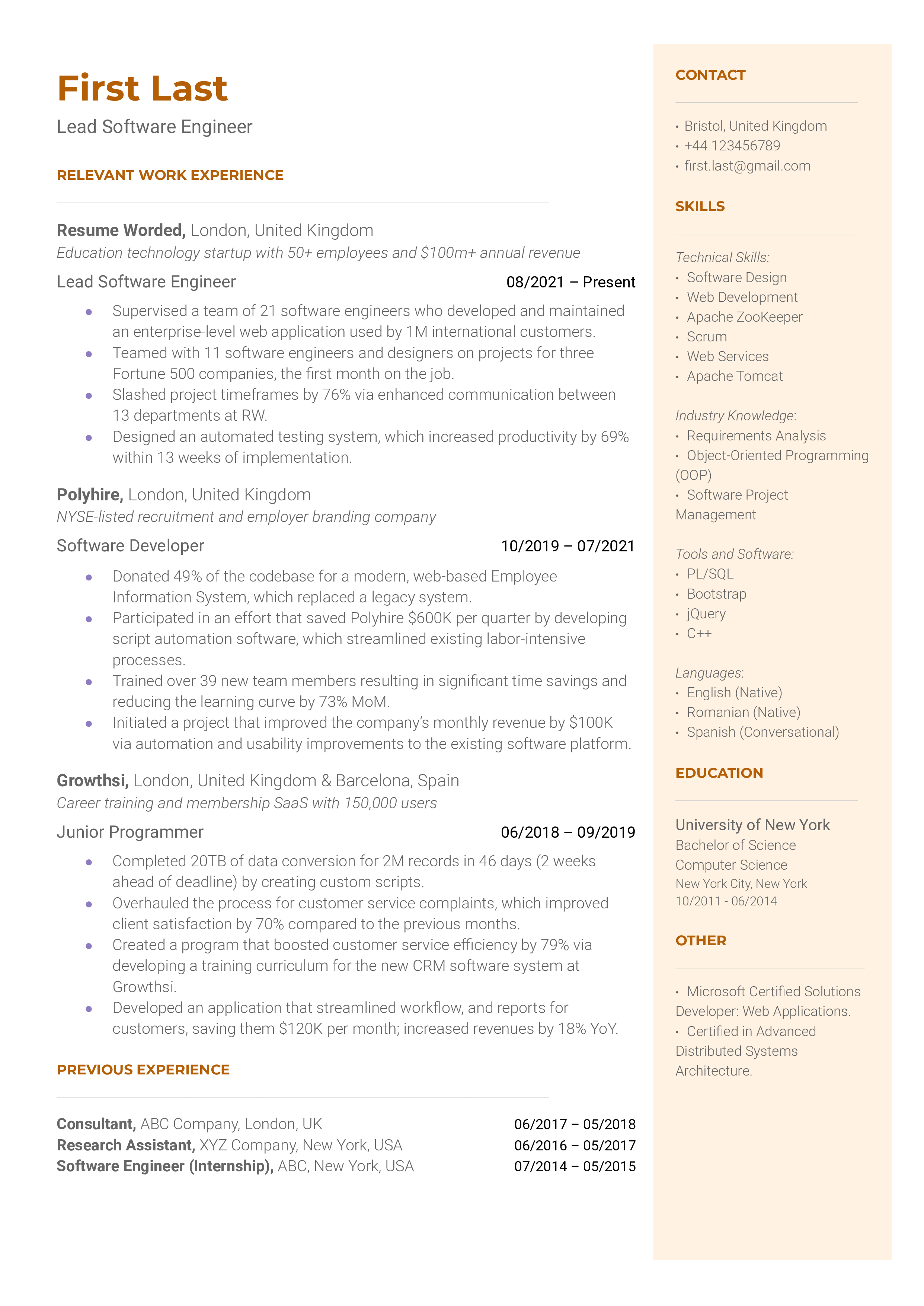 Lead Software Engineer Resume Sample