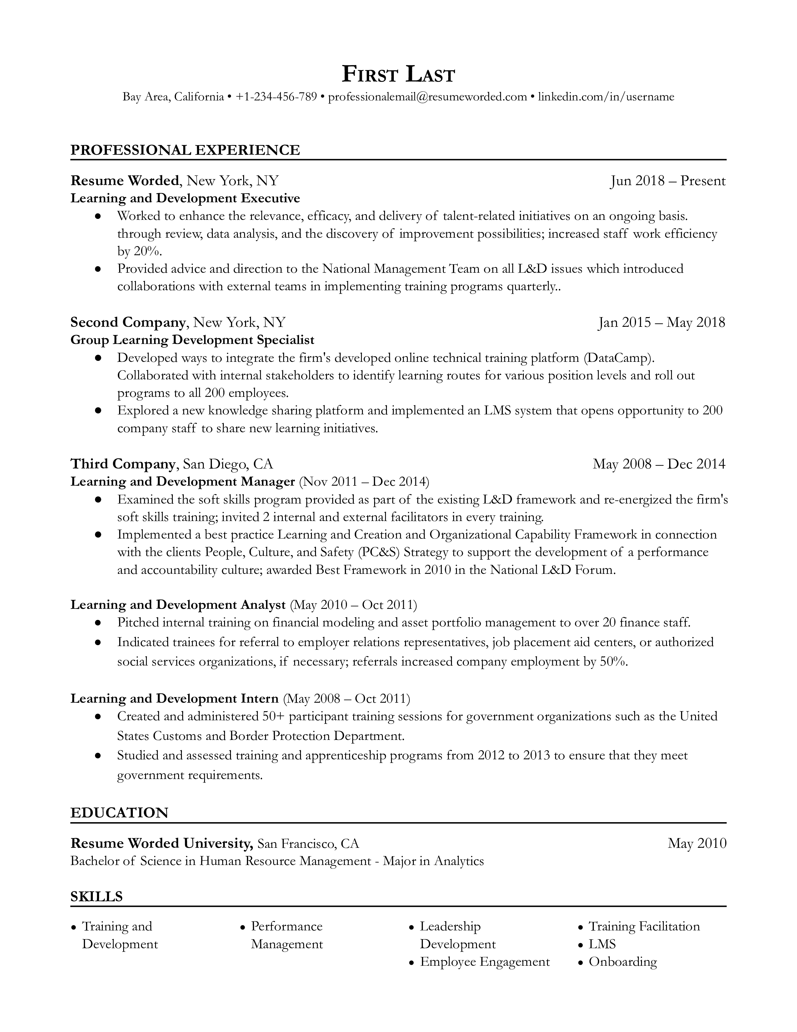 Detail-filled CV of a Learning and Development Executive showcasing their skill set and prior experiences.
