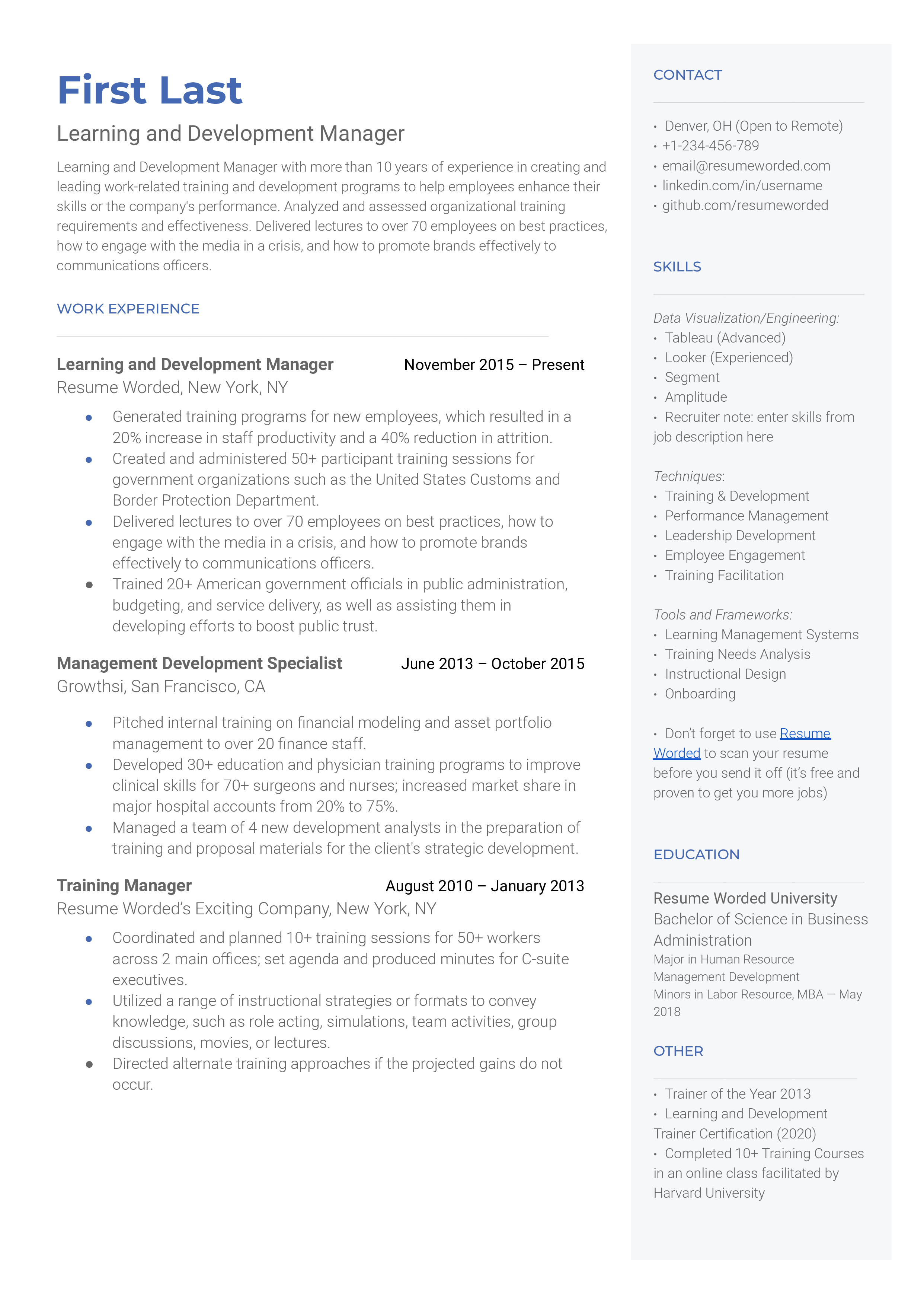 A Learning And Development Manager resume template for 2023 shows what a successful resume looks like to land a job