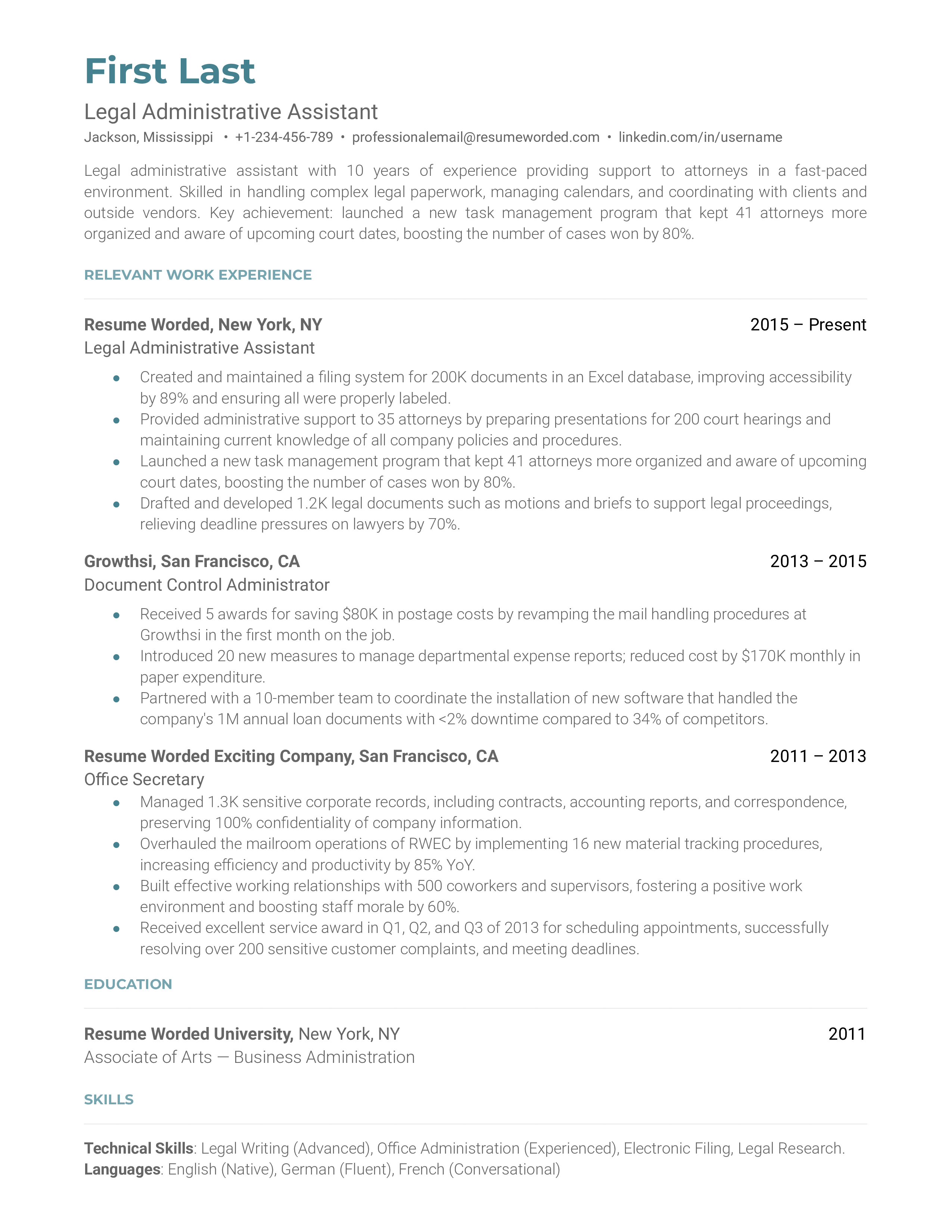 A legal administrative assistant resume sample that highlights the applicants administrative experience and transferable skills