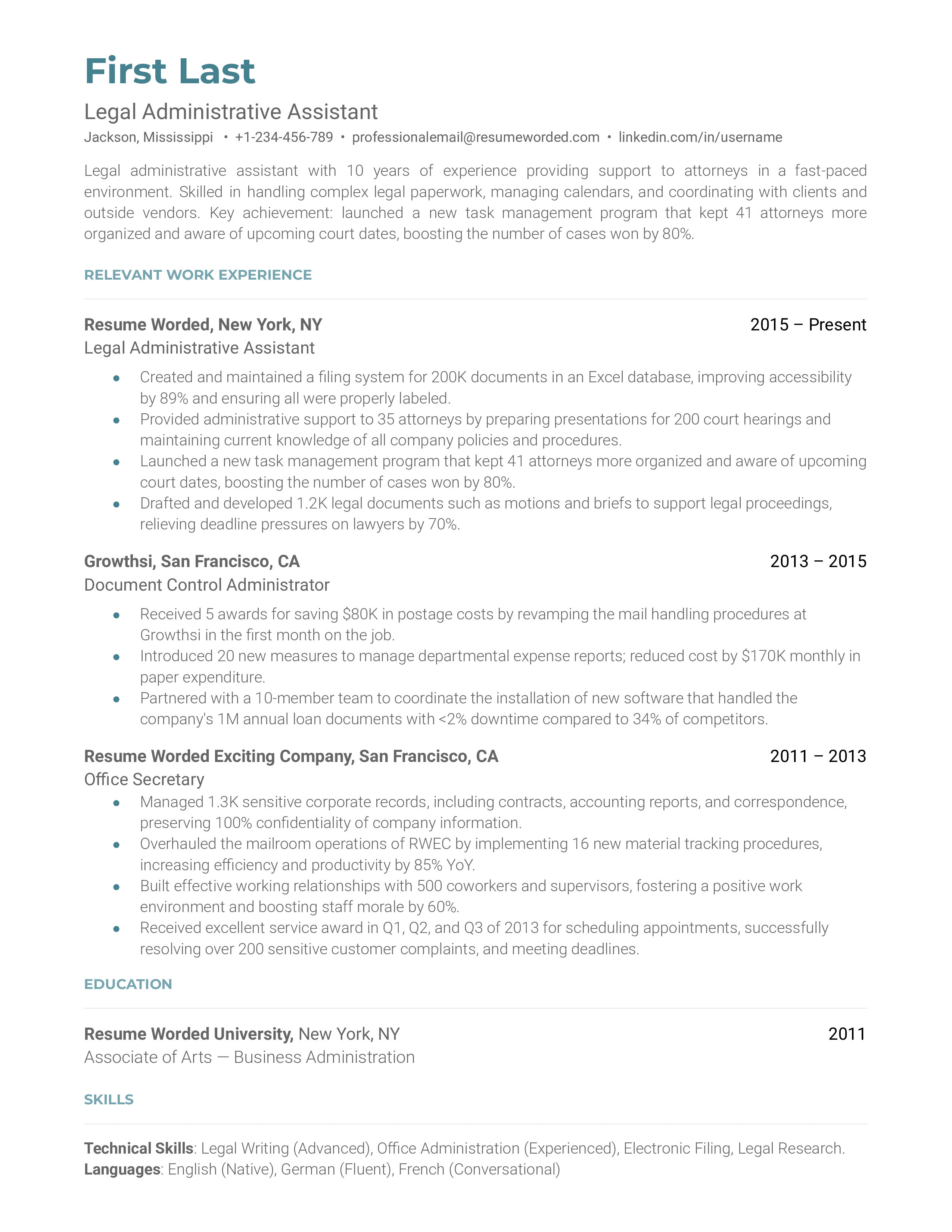 Legal Administrative Assistant Resume Examples for 2024 Resume Worded