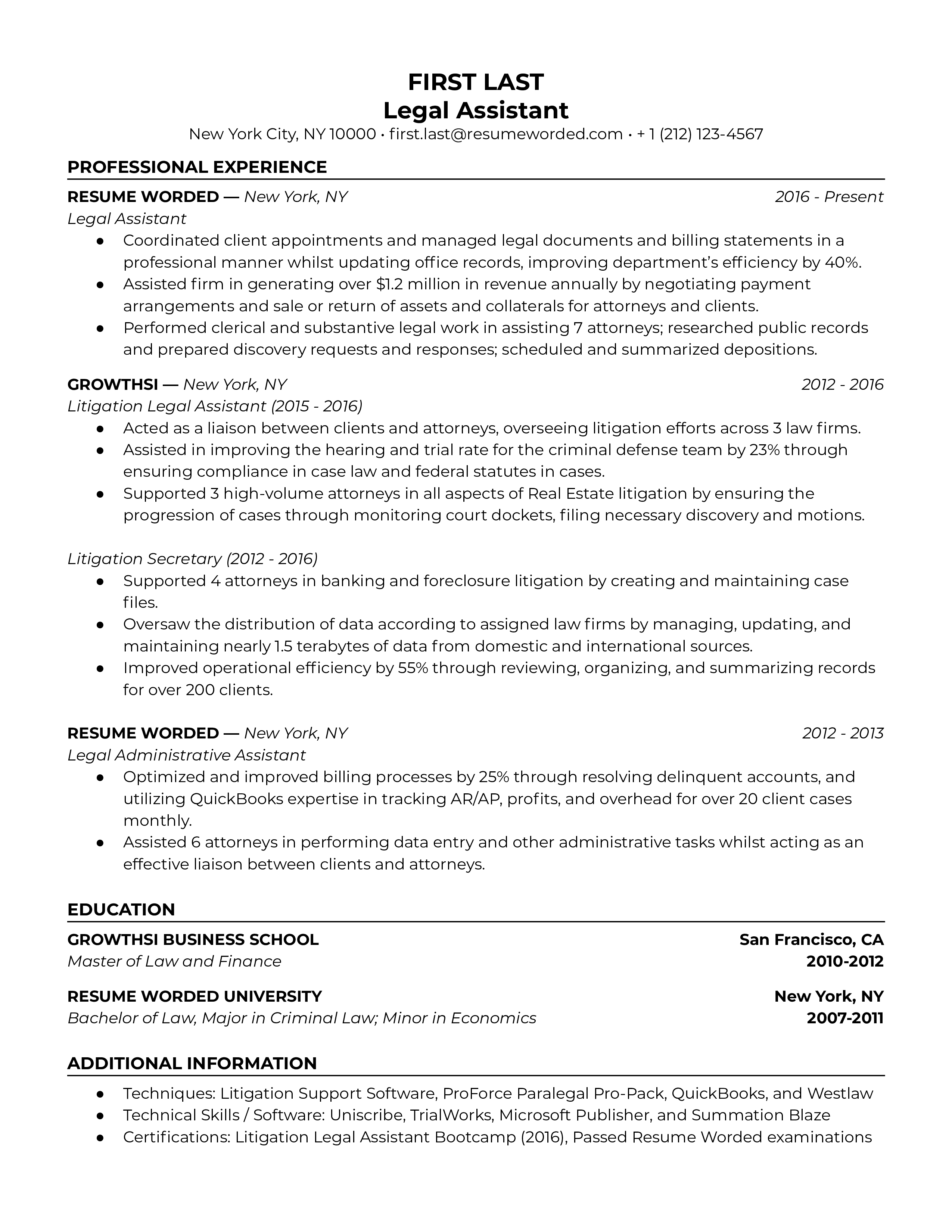 Legal assistant resume template example including hard numbers and metrics and an organized skills section