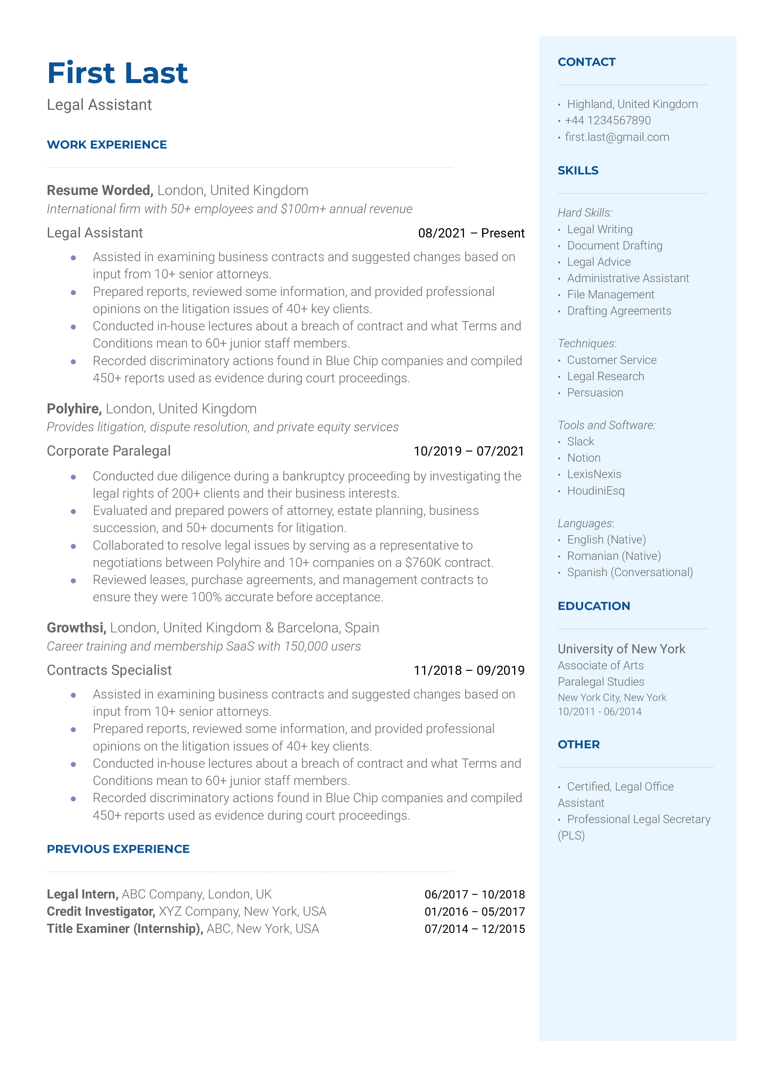 Resume example for a legal assistant job application