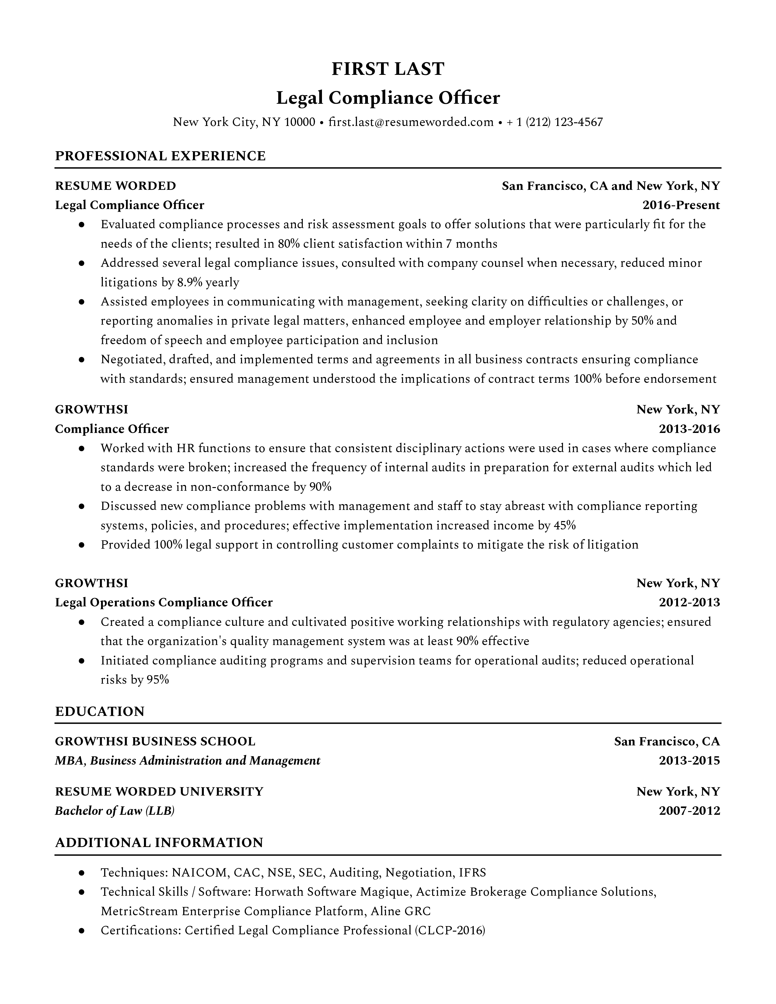 A CV screenshot highlighting skills and experiences relevant for a Legal Compliance Officer role.