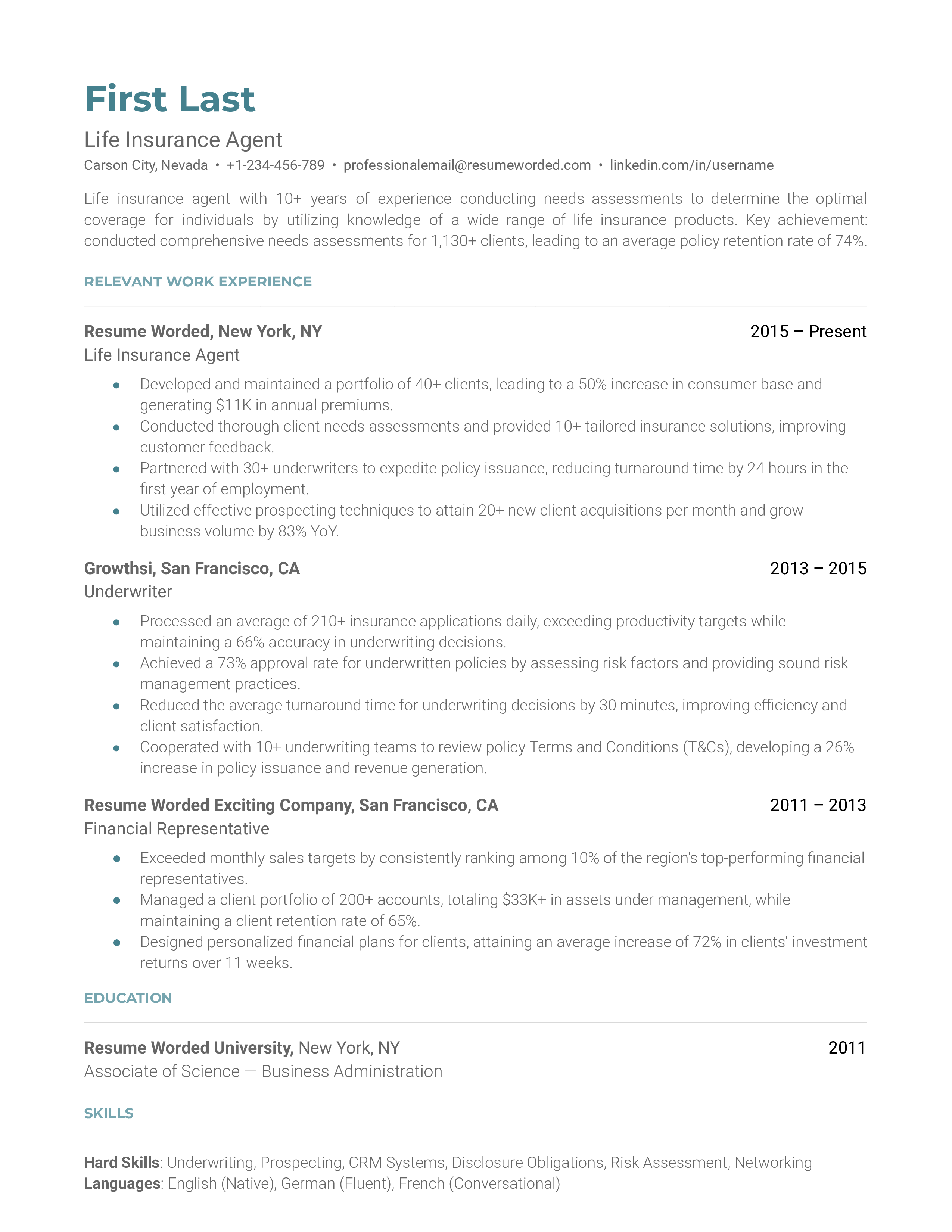 Professional resume of a life insurance agent highlighting digital proficiency and education-focused selling skills.